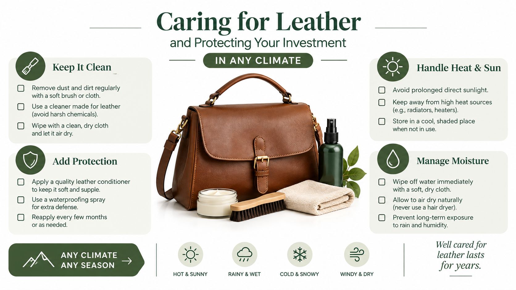 An infographic showing tips for caring for a leather bag with cleaning and protection instructions.