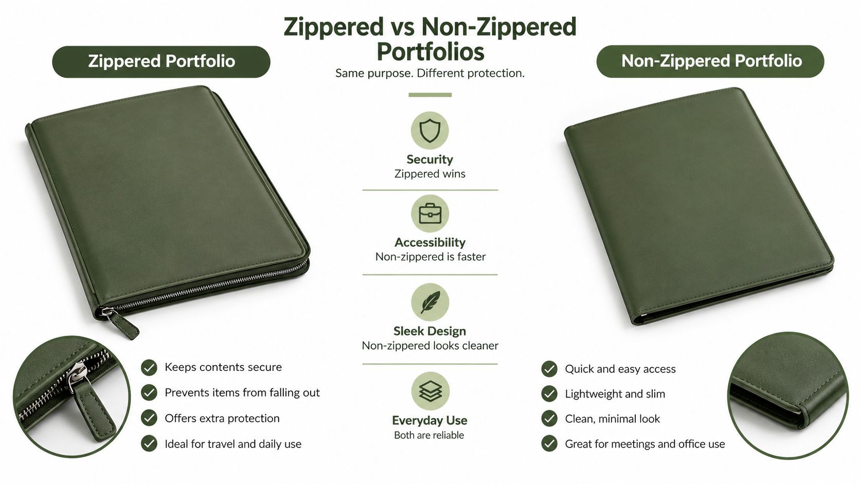 A comparison chart showing the benefits of zippered versus non-zippered portfolios for organized document storage.