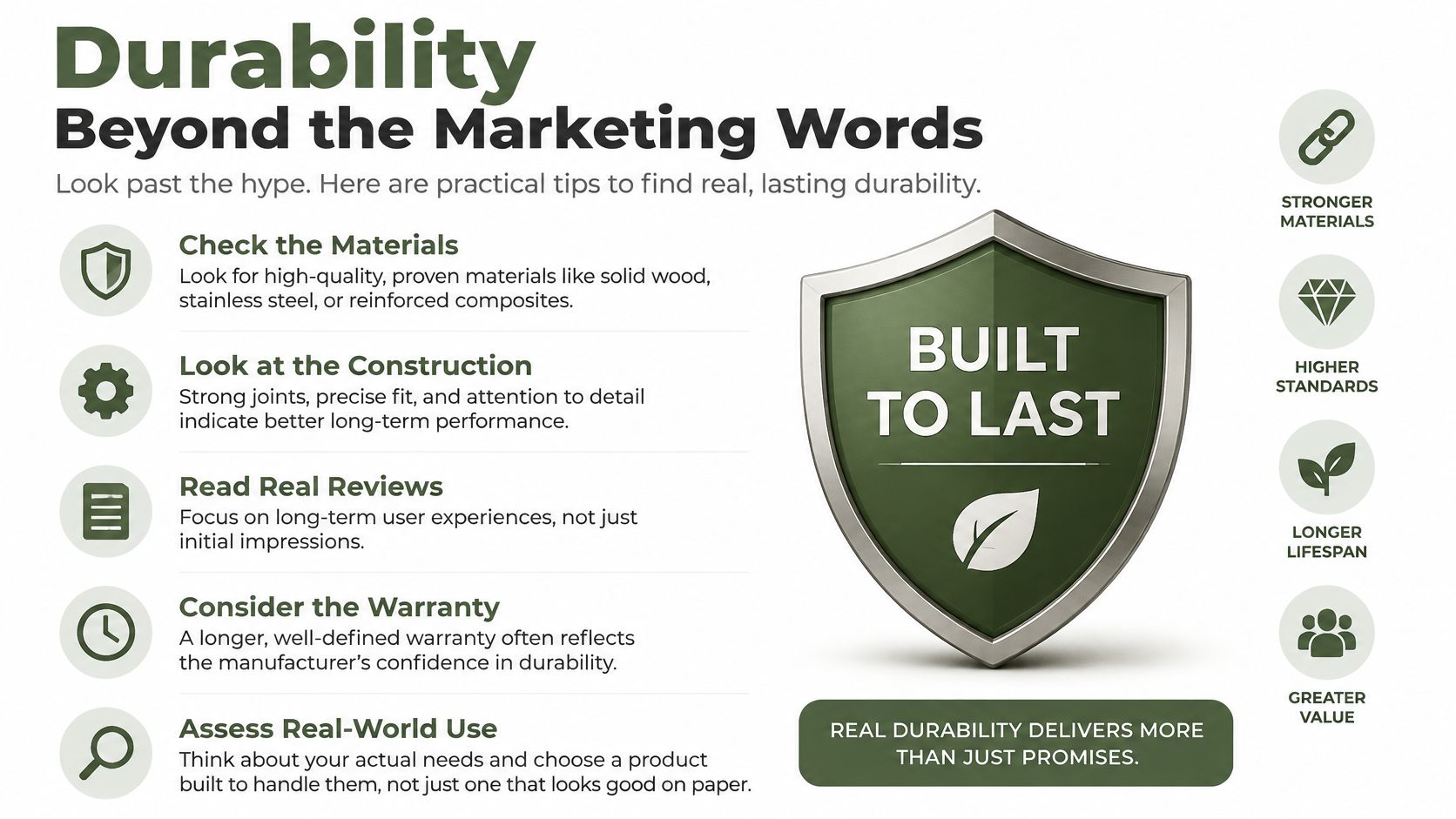 An infographic titled Durability Beyond the Marketing Words providing tips for evaluating product quality and longevity.