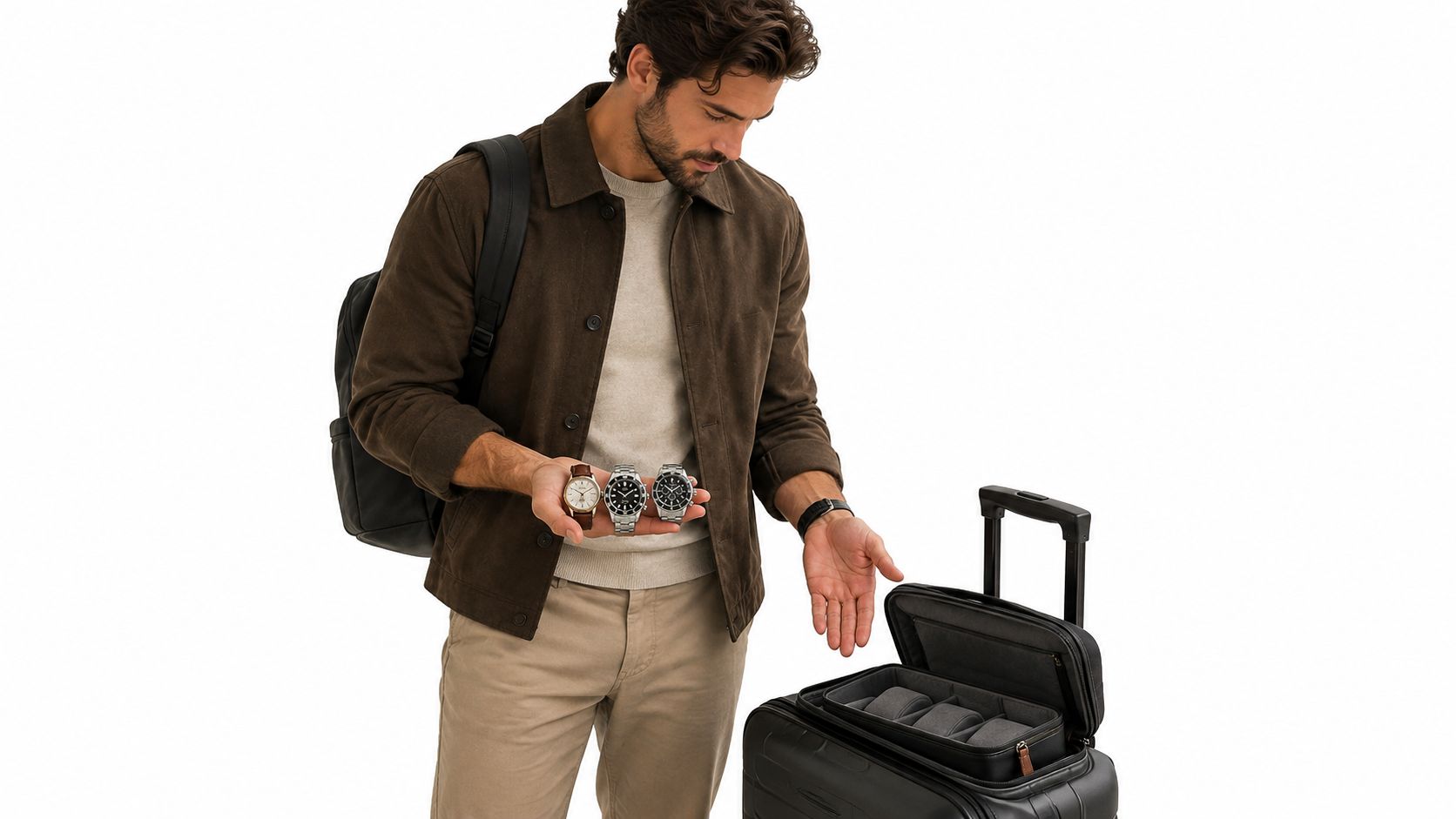 A man wearing a backpack stands next to a suitcase while holding three watches in his hand.