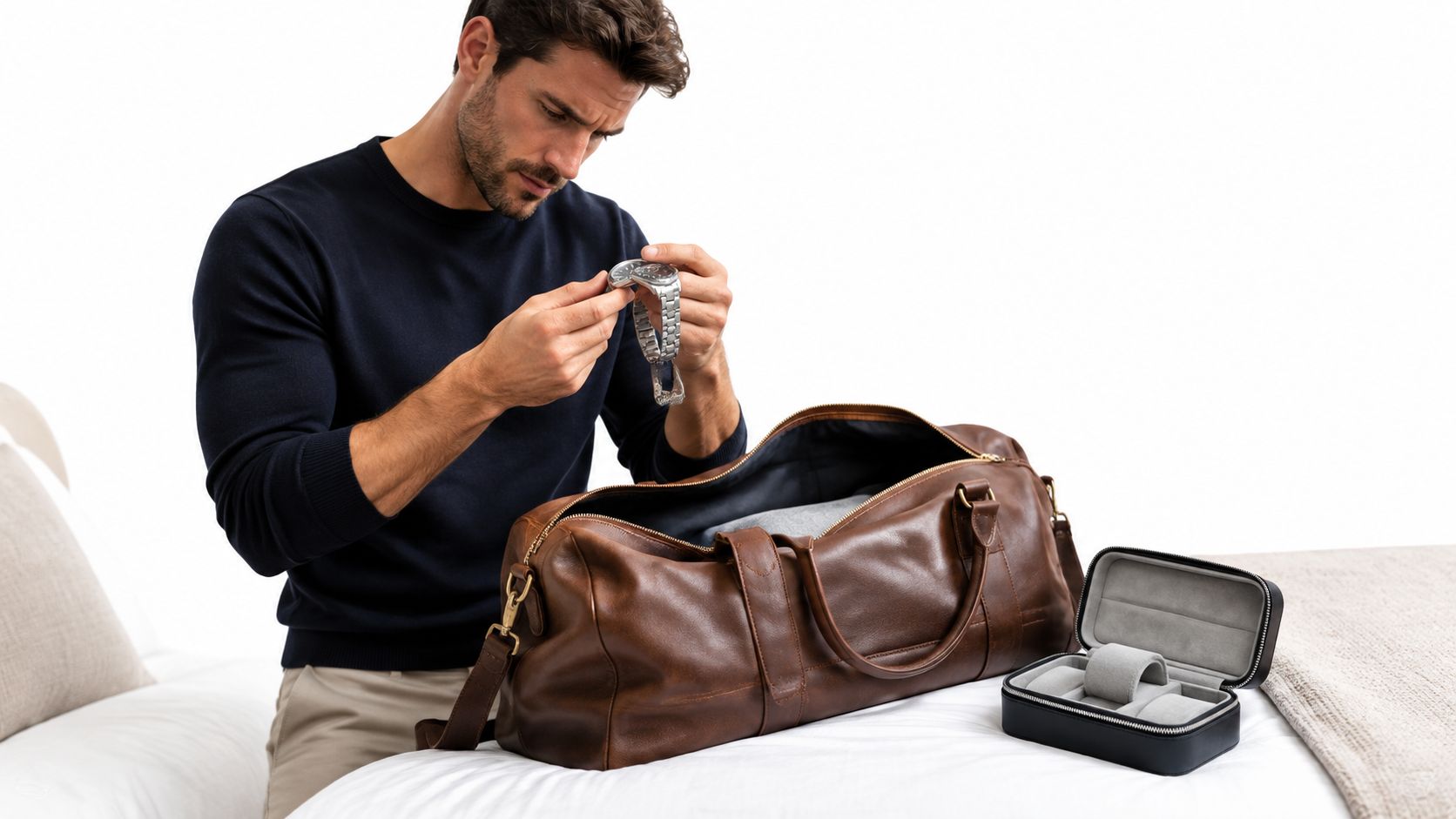A man in a navy sweater examining a silver watch while packing a brown leather travel duffel bag.
