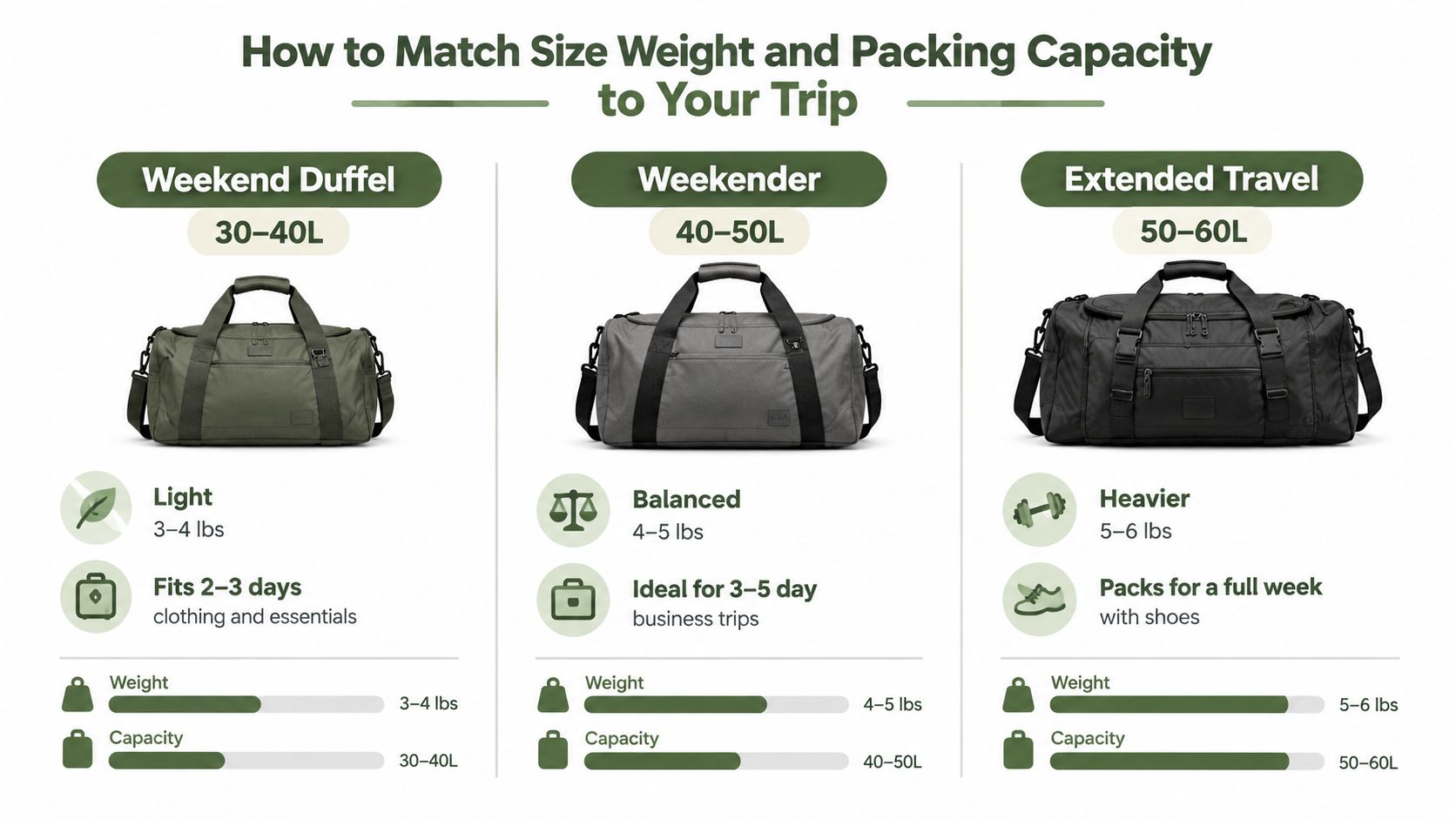 A comparison chart showing three different travel duffel bag sizes for weekend, business, and extended trips.