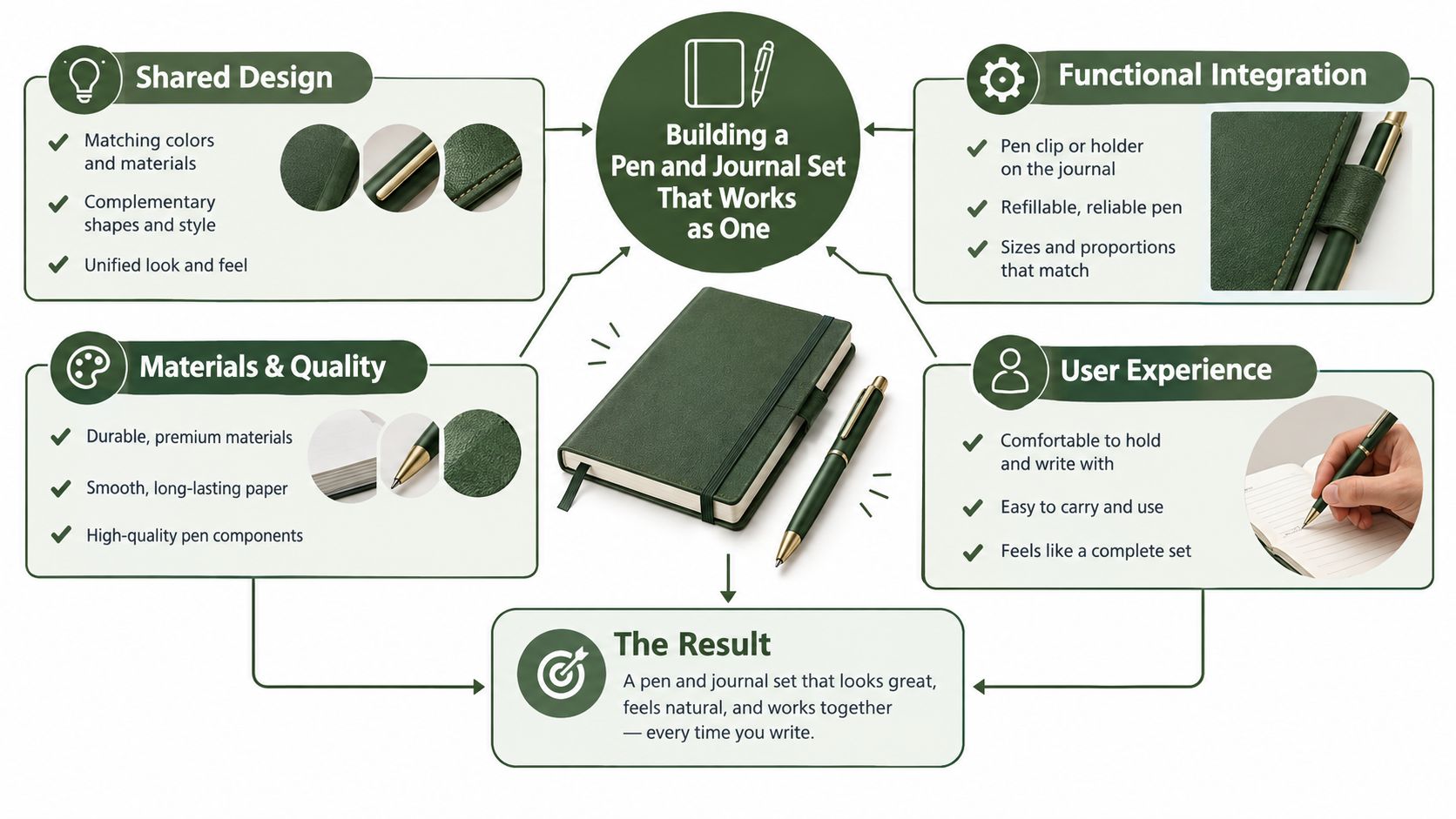 An infographic detailing the key design elements for creating a cohesive and functional pen and journal set.