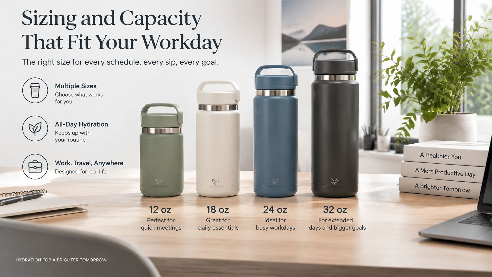 A row of four different sized metal water bottles labeled 12oz, 18oz, 24oz, and 32oz on a desk.