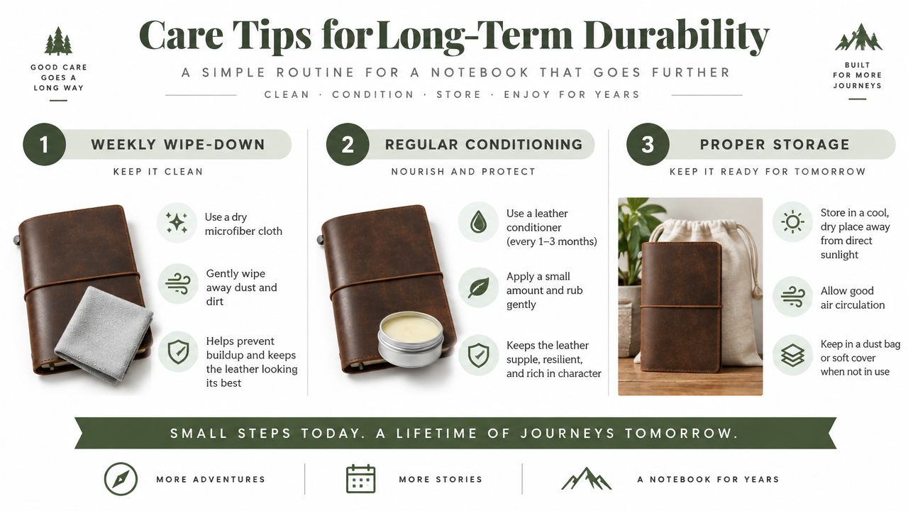 An instructional infographic detailing three simple steps to care for and maintain a leather traveler's notebook cover.