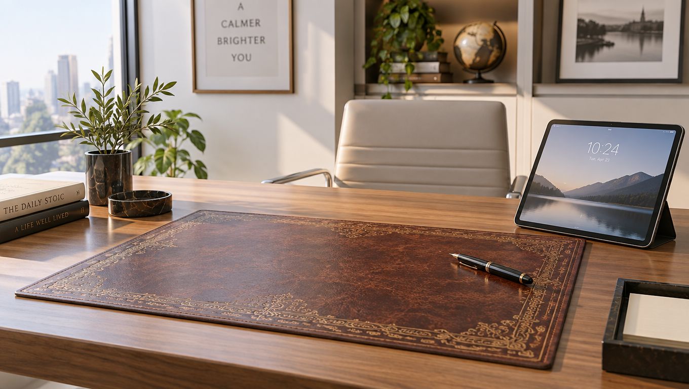 A sophisticated mahogany desk featuring a vintage leather blotter, fountain pen, tablet, and elegant office accessories.
