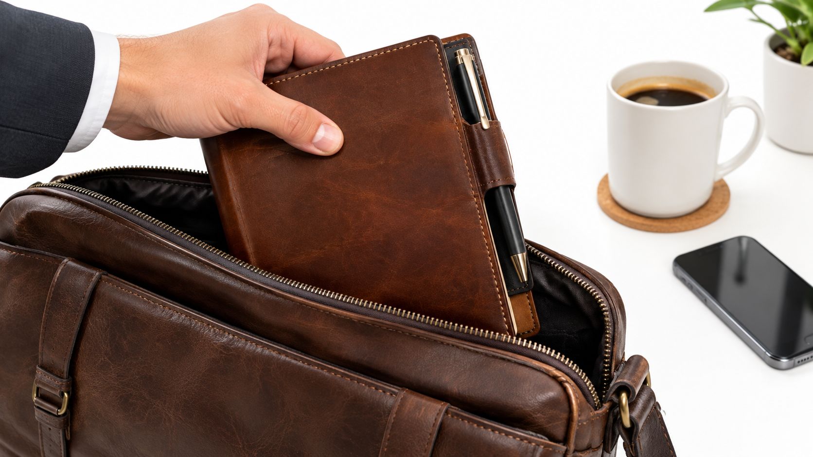 A professional in a suit placing a leather journal with a pen holder into a leather bag.