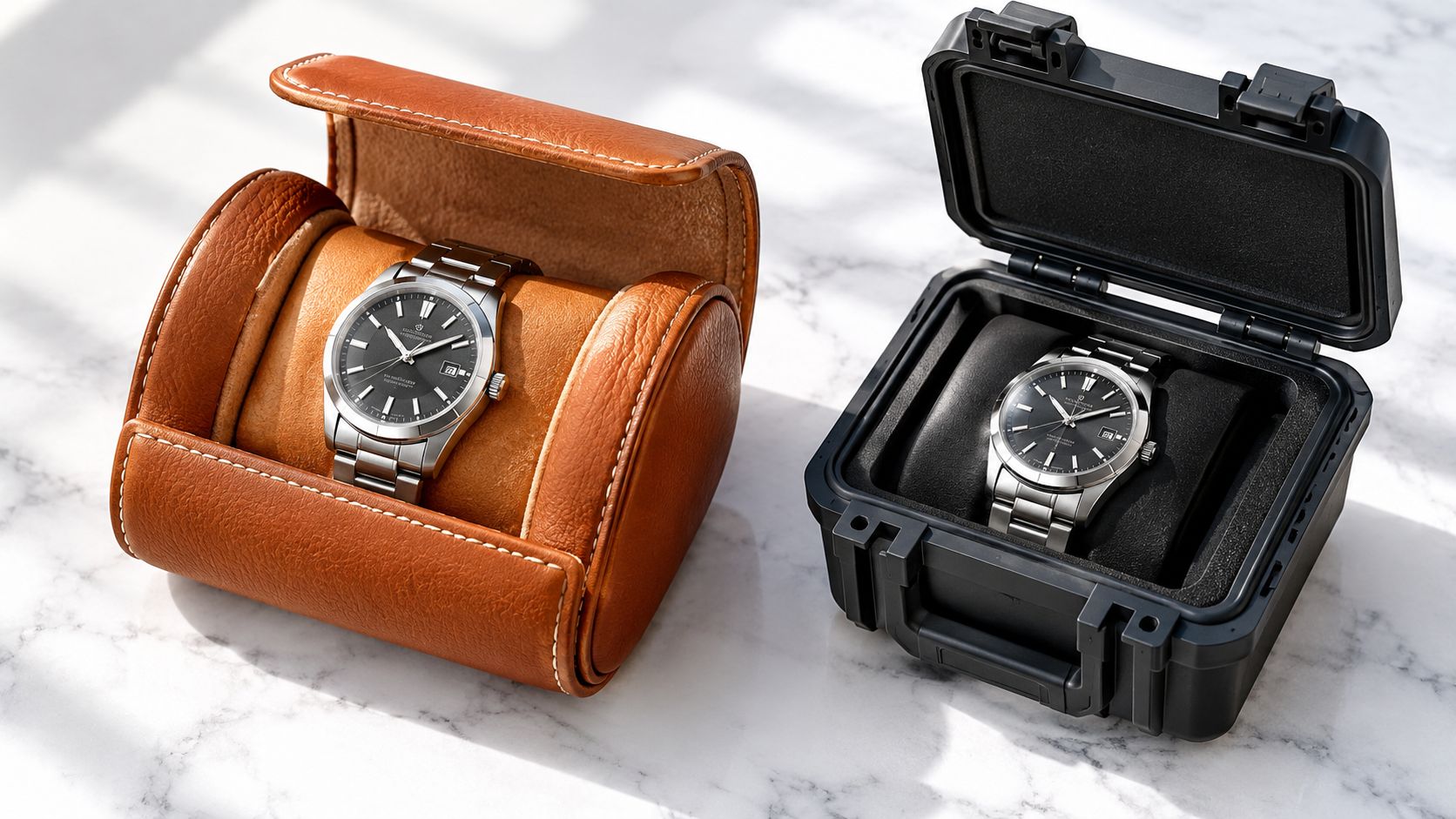 Two luxury watches displayed in a brown leather watch roll and a rugged black travel case.