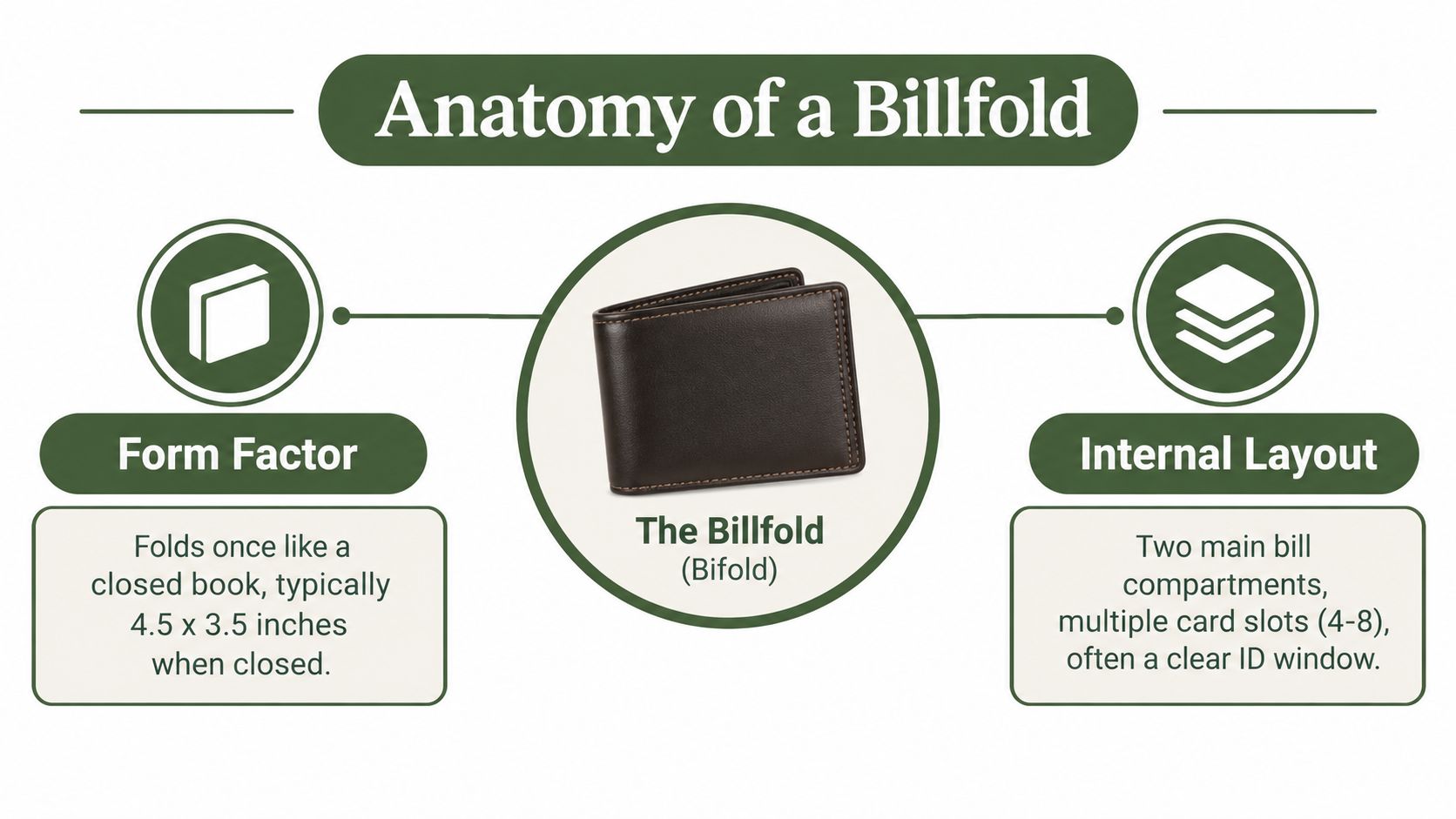 A diagram explaining the anatomy of a men's bifold wallet, highlighting its form factor and internal layout.