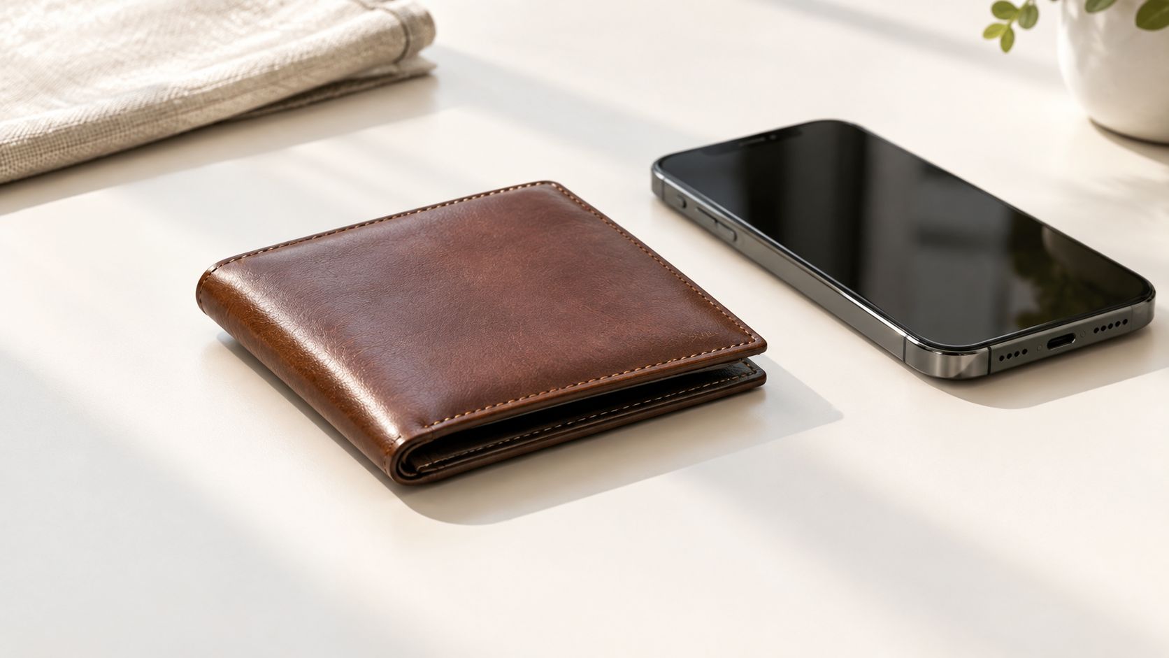 A brown leather billfold wallet sits on a white surface next to a modern smartphone