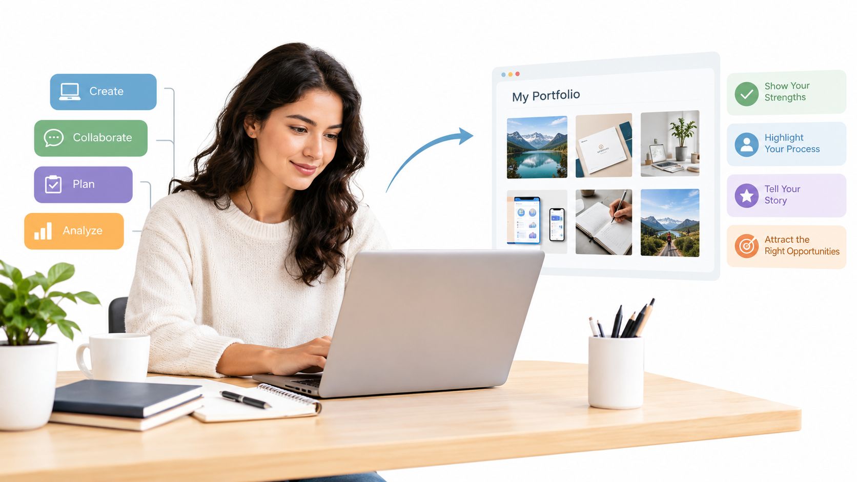 A woman working on a laptop, visually connecting her work process to an organized digital portfolio display.