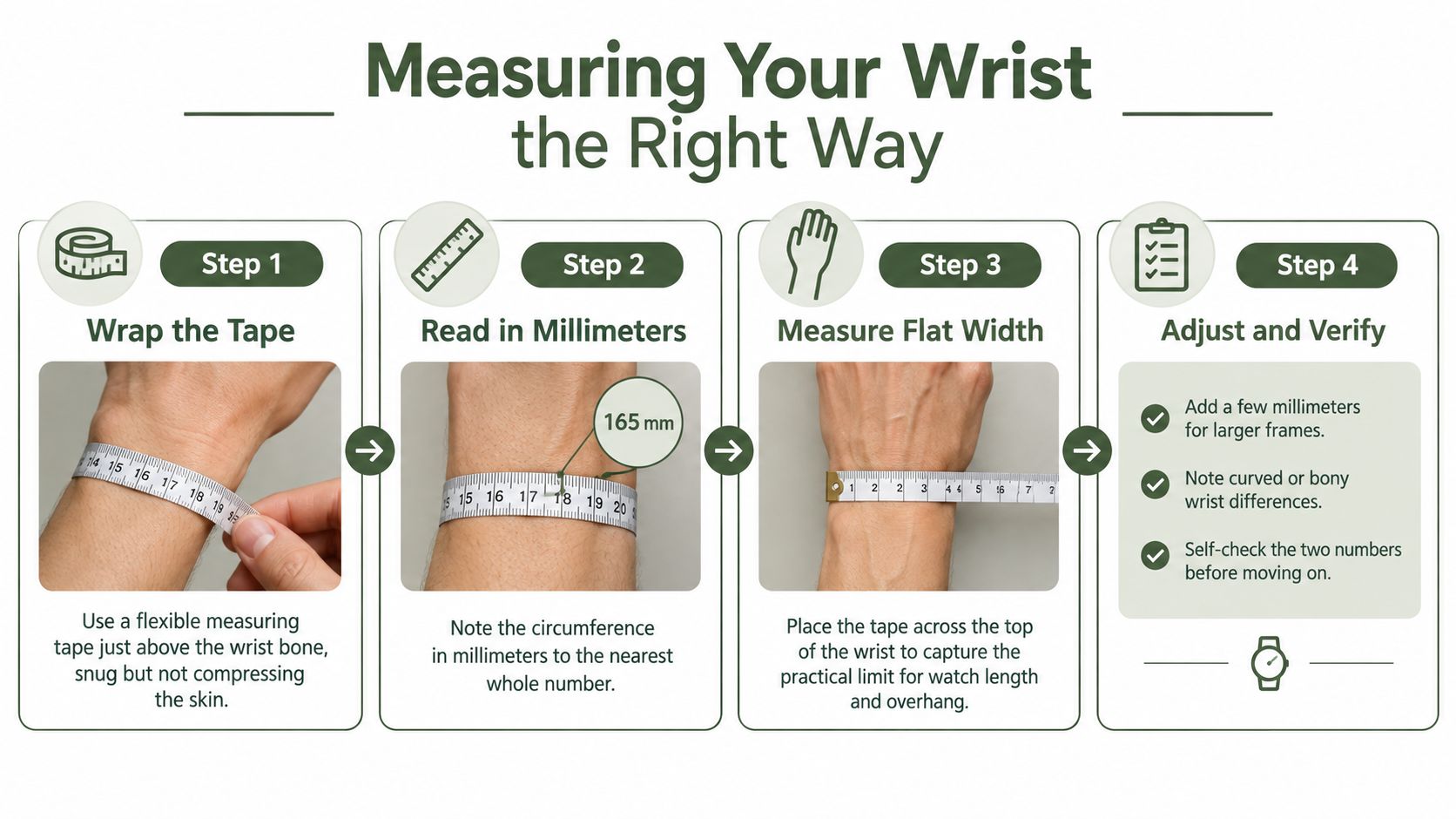 An infographic showing four steps to correctly measure your wrist size for a watch fit.