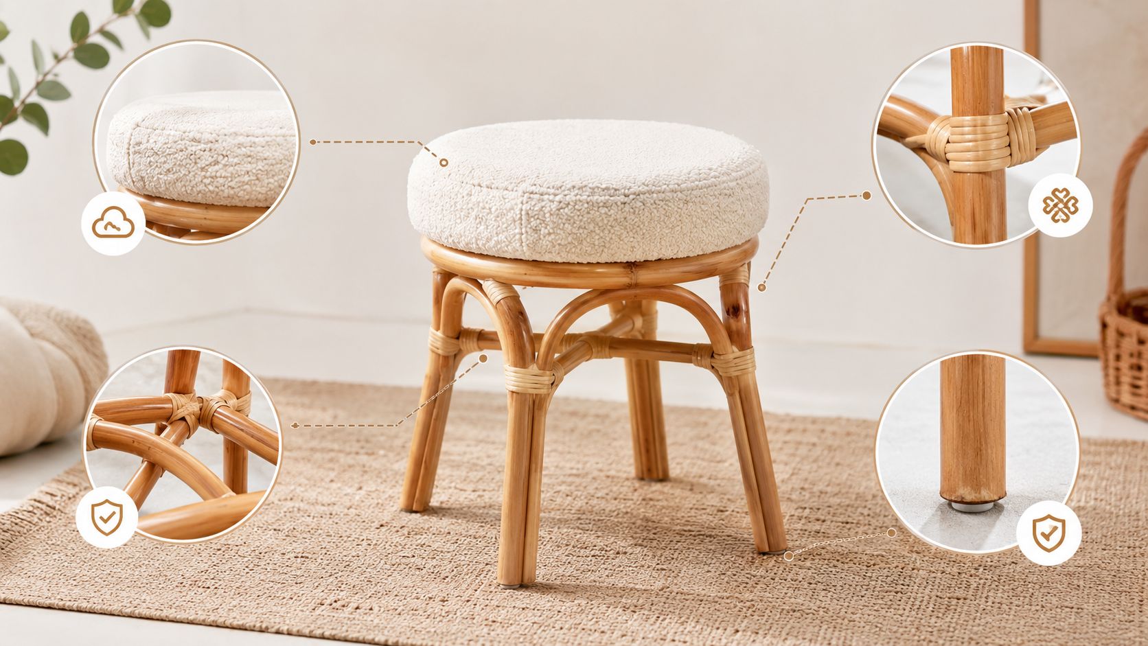A modern bamboo stool with a plush, white, textured round cushion sitting on a woven rug.