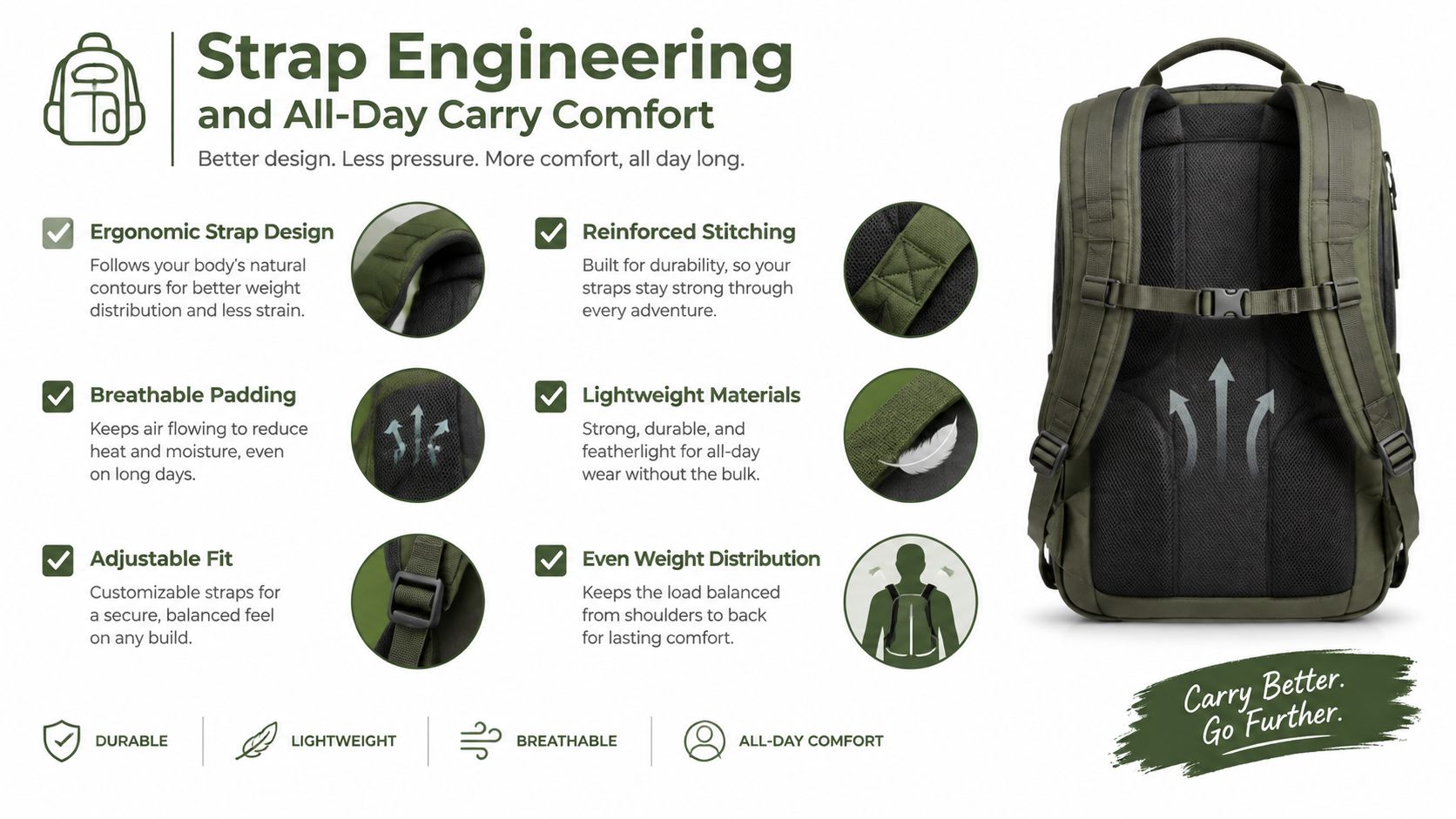 An infographic highlighting the ergonomic design and comfortable strap features of an olive green travel backpack.