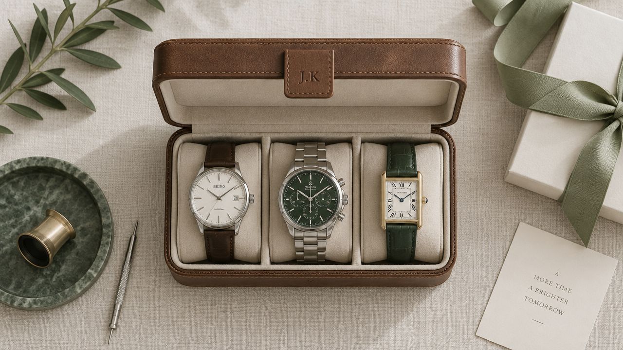 A personalized brown leather watch box featuring three elegant watches, an olive branch, and a gift box.