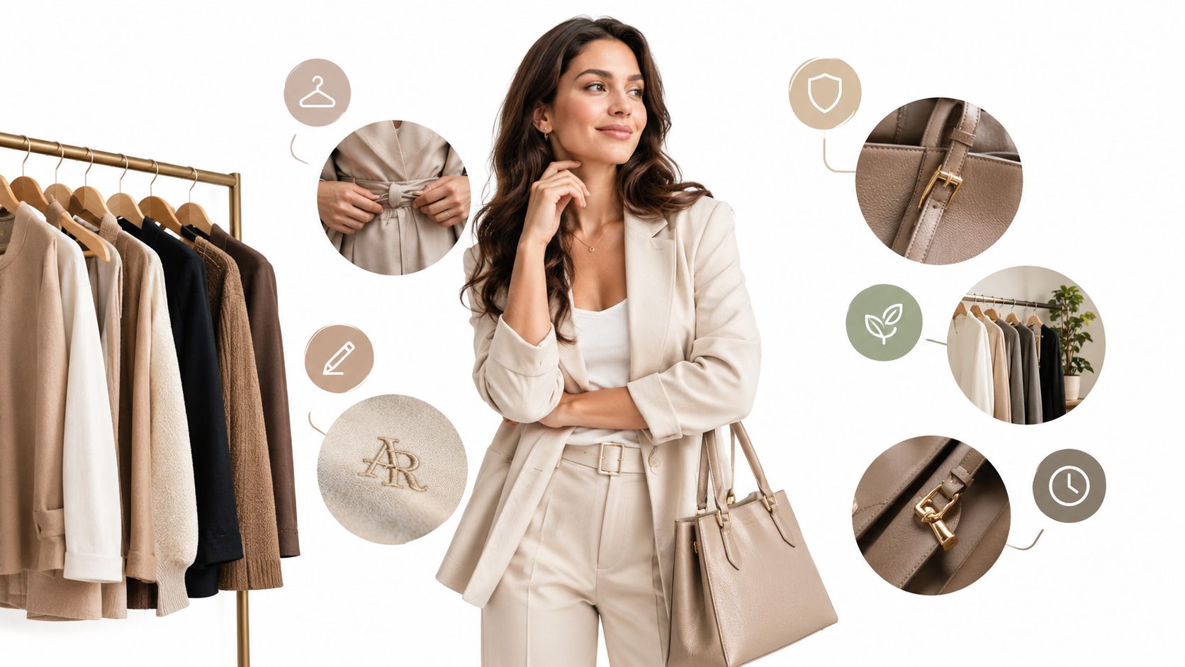 A stylish woman in a beige blazer holding a leather handbag next to a rack of clothing.