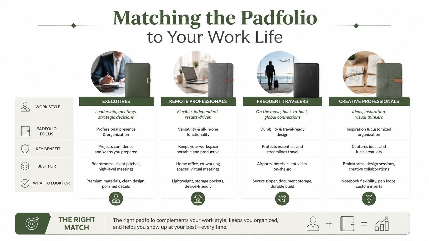 A comparison chart matching different work styles to specific types of professional padfolios for improved organization.
