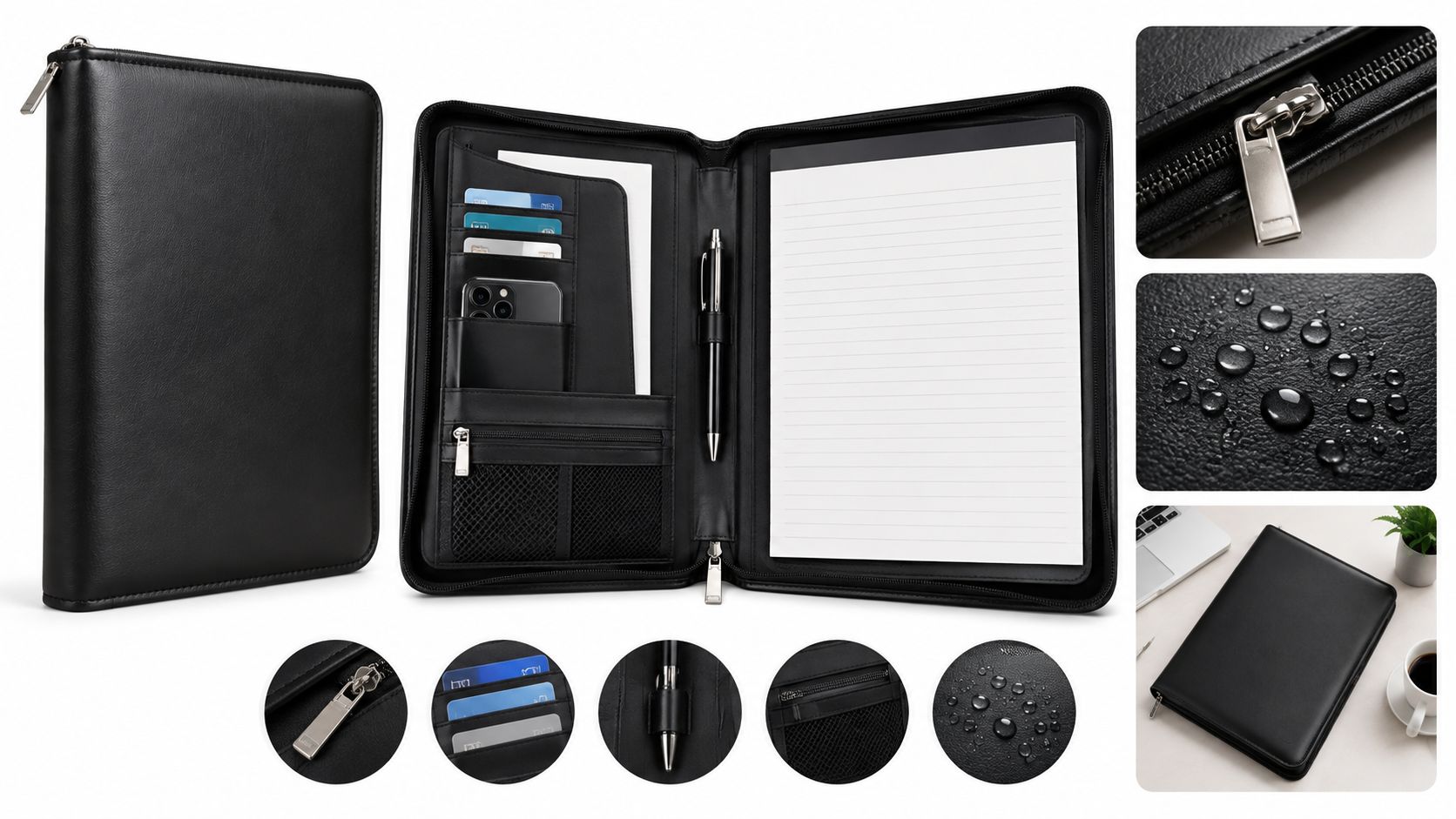 A black leather document portfolio featuring internal card slots, a pen holder, a notebook, and a zippered pocket.