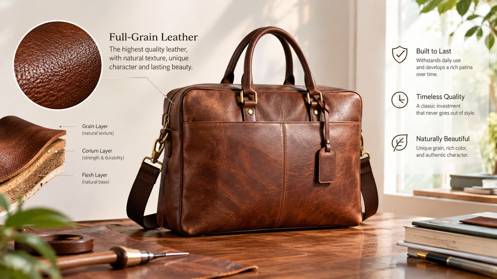 A high-quality brown leather briefcase sitting on a wooden desk with layers of leather shown.