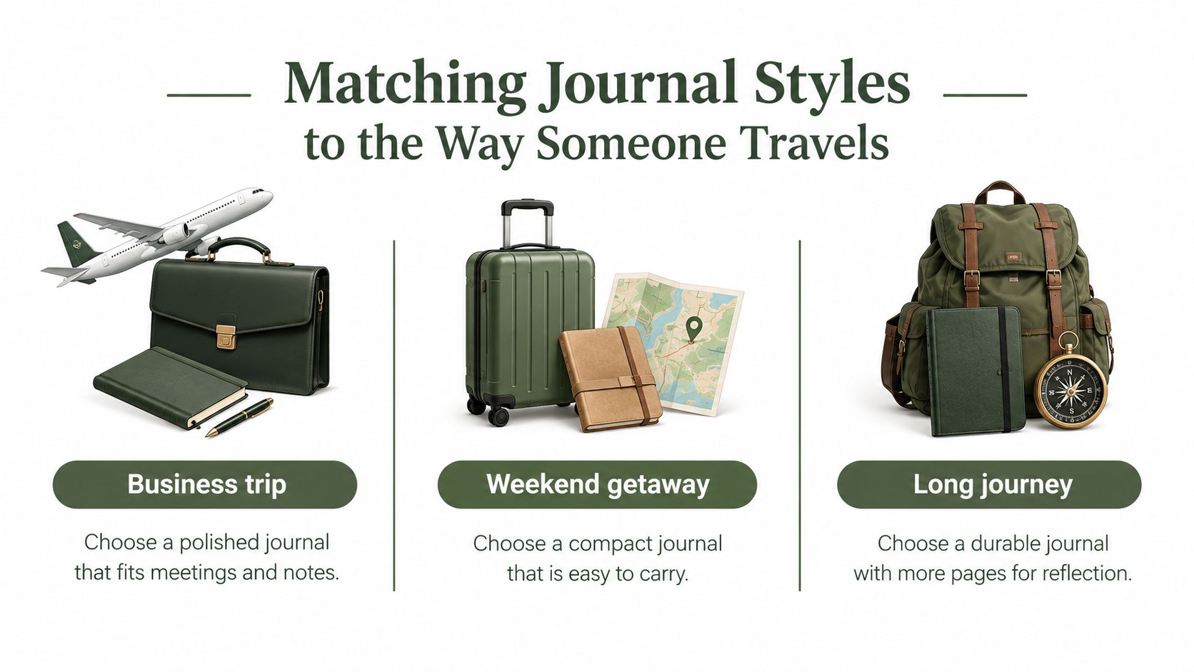 An infographic showing different journal styles matched with specific travel types like business, weekend, and long trips.