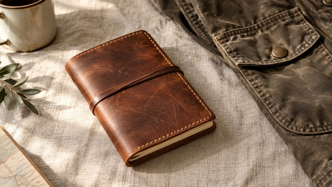 A rustic brown leather pocket-sized journal sits on a textured linen cloth next to a jacket.