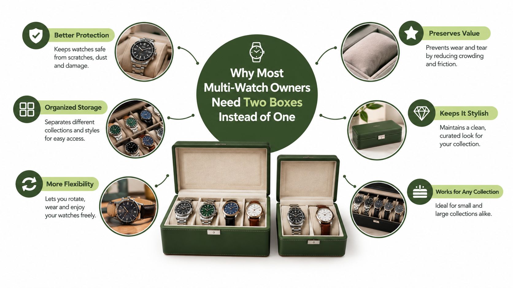 A graphic showing why watch owners benefit from using two storage boxes instead of one for collection organization.
