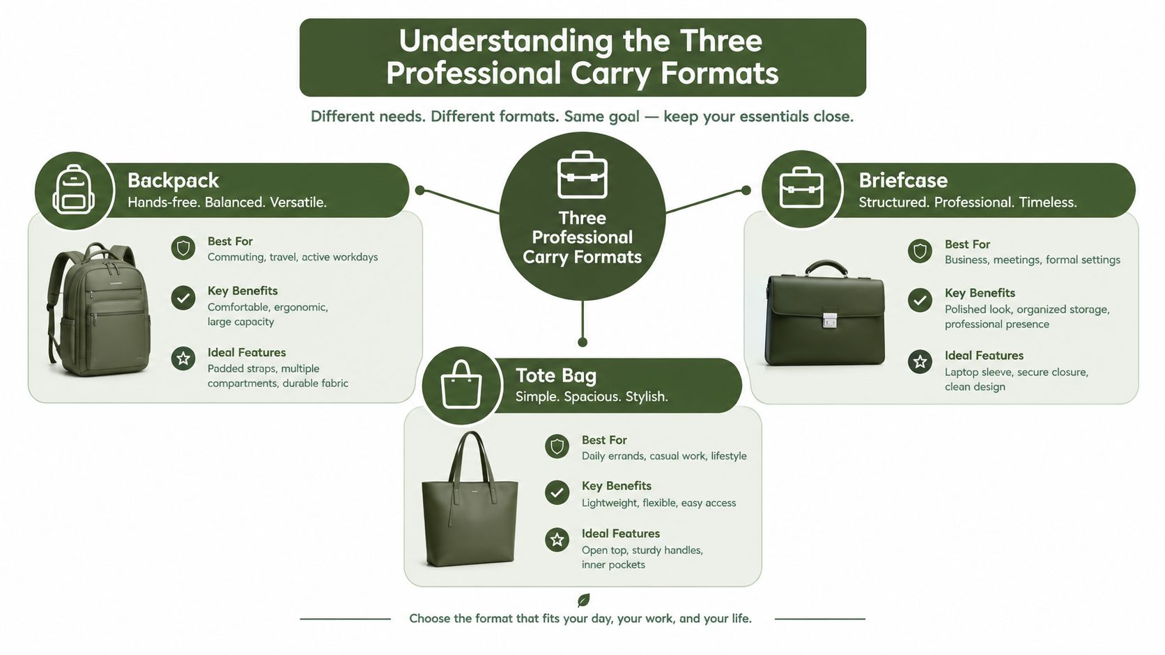 A professional infographic comparing the benefits and uses of backpacks, briefcases, and tote bags for work.