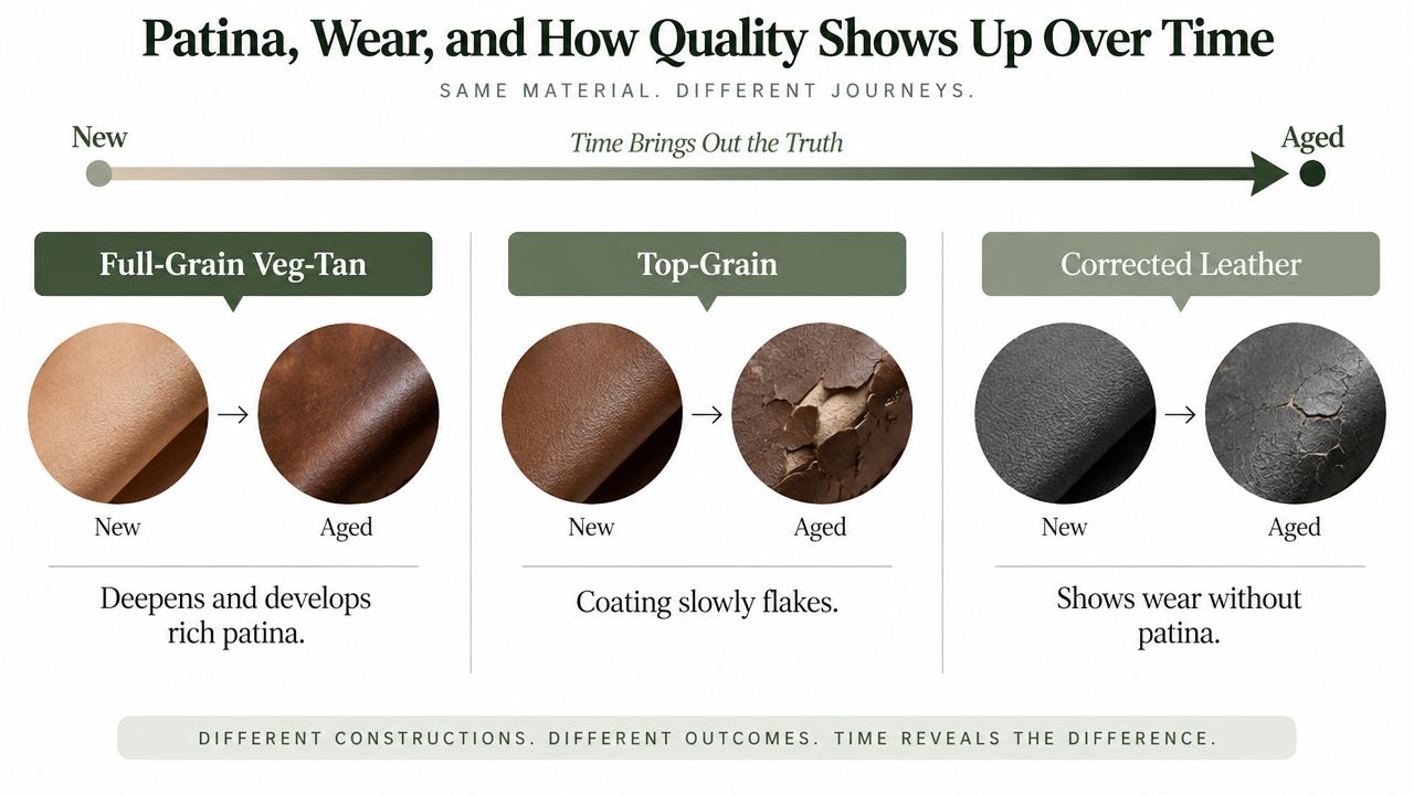 An infographic comparing the aging processes of full-grain veg-tan, top-grain, and corrected leather over time.