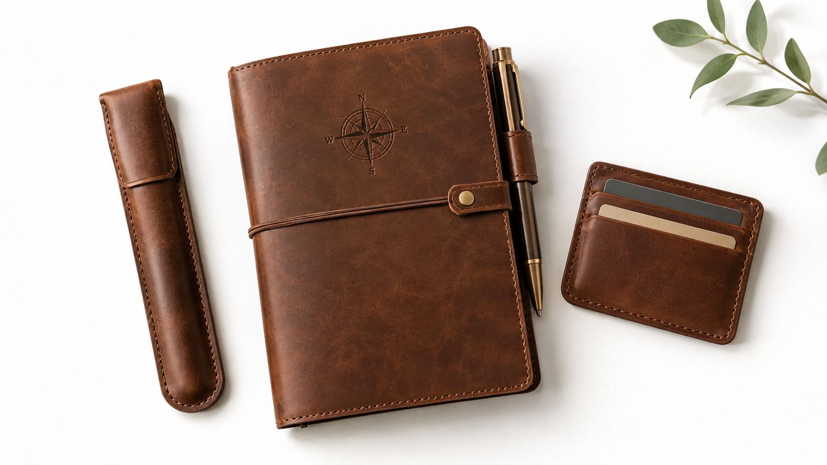 A leather journal with a compass logo, matching pen case, and card holder on white surface.