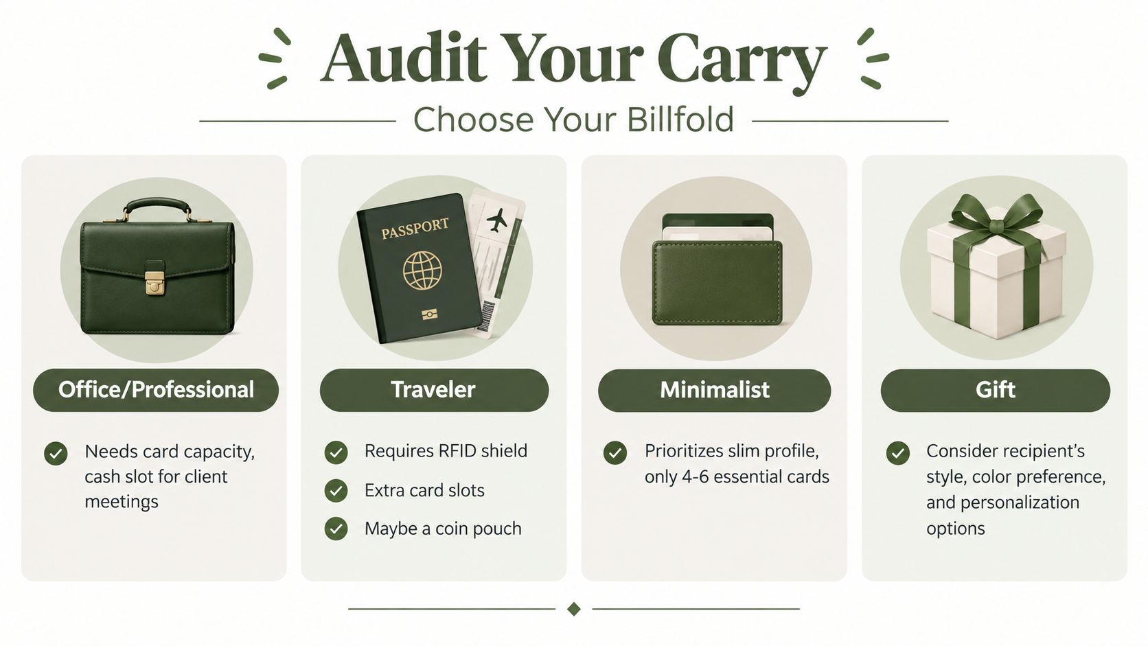 An infographic titled Audit Your Carry helping people choose the perfect billfold wallet based on their lifestyle needs.