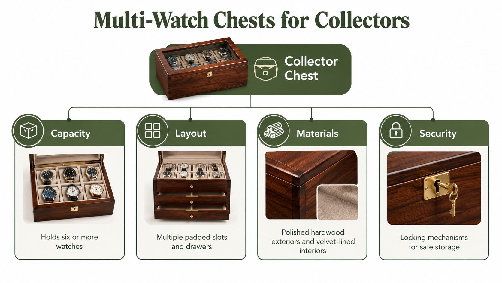 An infographic showing the features of a wooden multi-watch chest including capacity, layout, materials, and security.