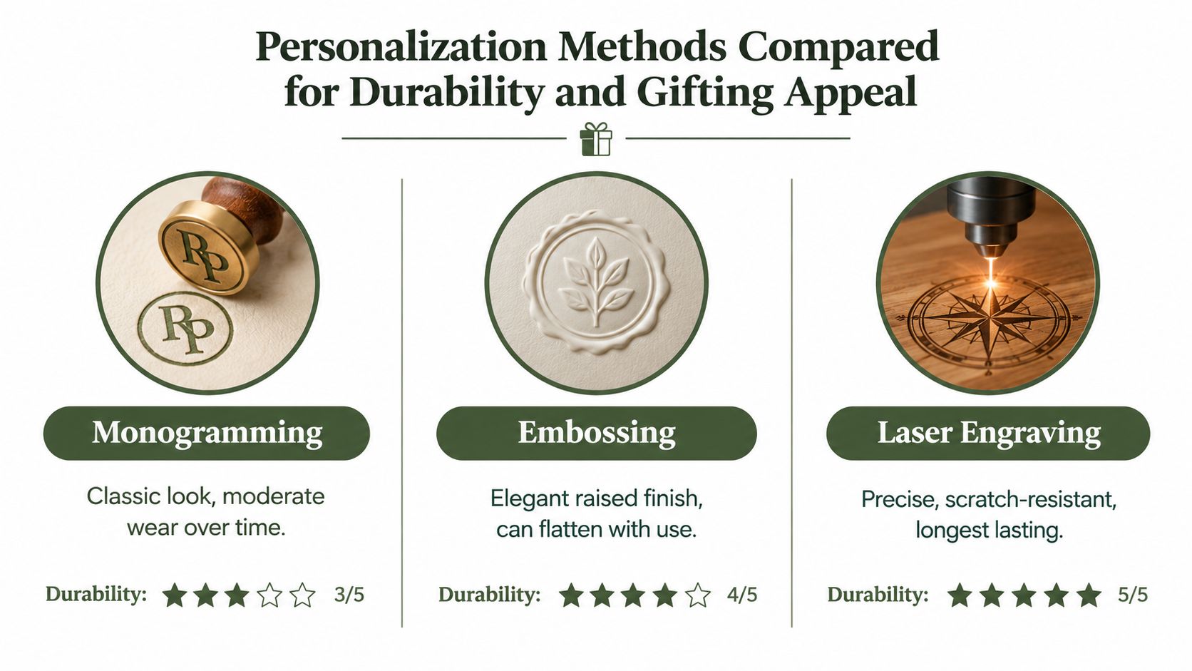 A comparison chart of personalization methods including monogramming, embossing, and laser engraving for custom products.