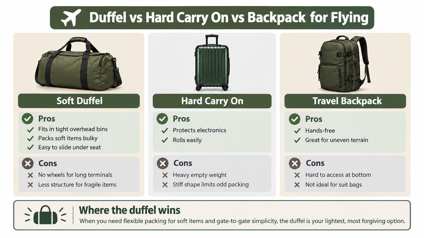 A comparison chart showing pros and cons for a soft duffel, hard carry-on, and travel backpack.