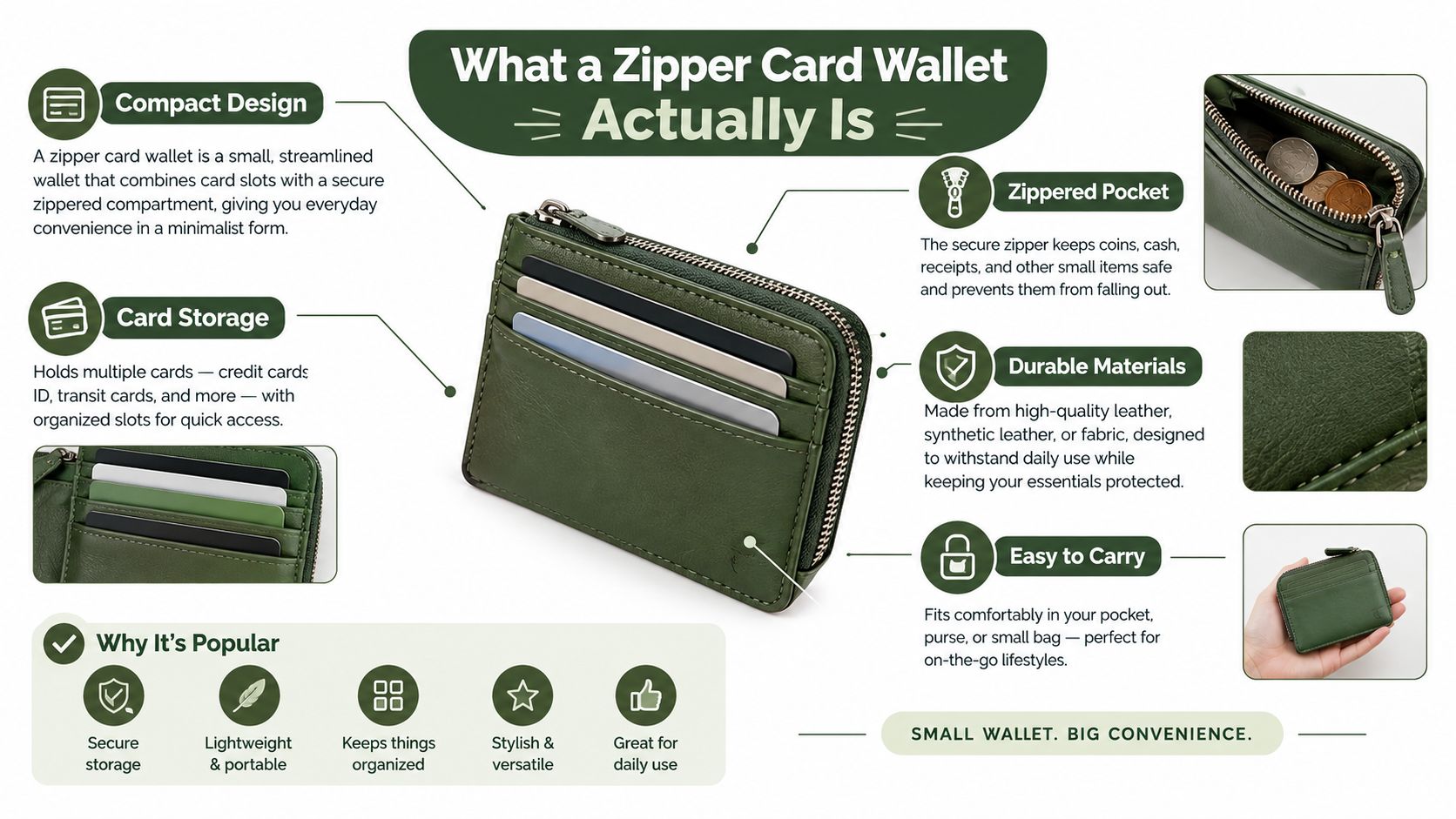 An infographic showing the benefits and features of a green zipper card wallet for daily organization.