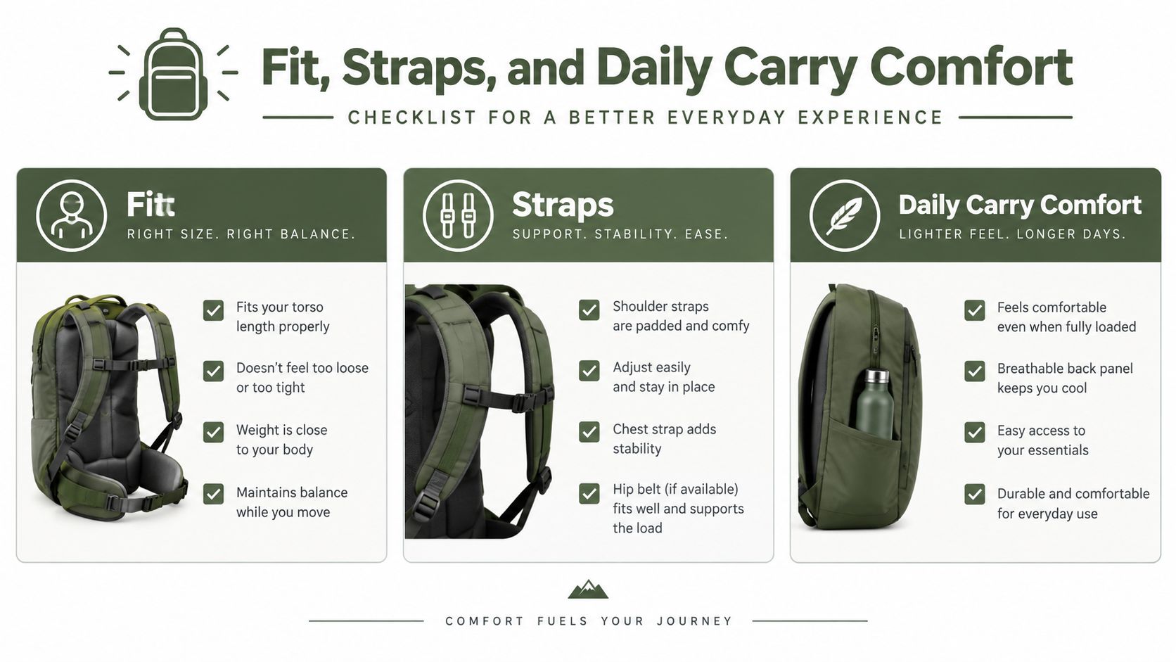 A checklist infographic illustrating tips for choosing a comfortable backpack based on fit, straps, and daily wear.
