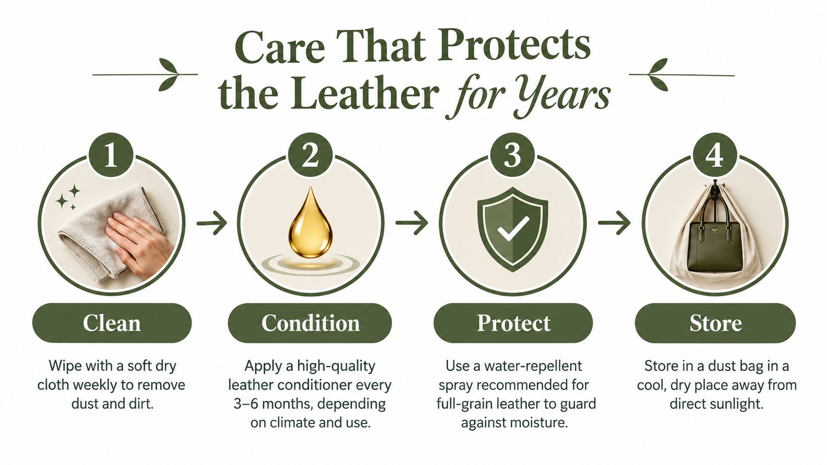 A four-step infographic illustrating how to properly clean, condition, protect, and store full-grain leather bags.