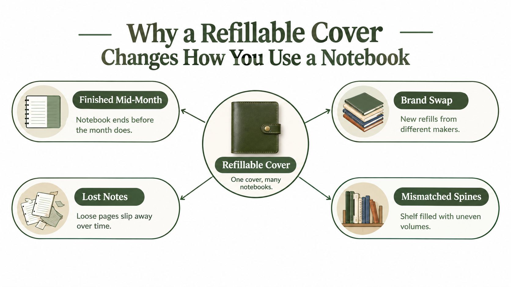 A diagram explaining how a refillable notebook cover improves organization by managing notebook refills effectively.