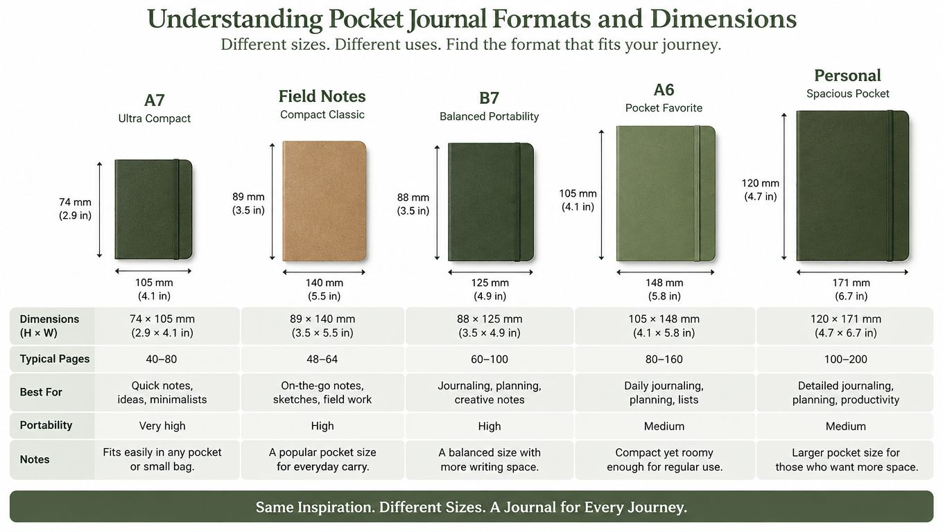 A comparison chart showing the dimensions, page counts, and ideal uses for five different pocket journal sizes.