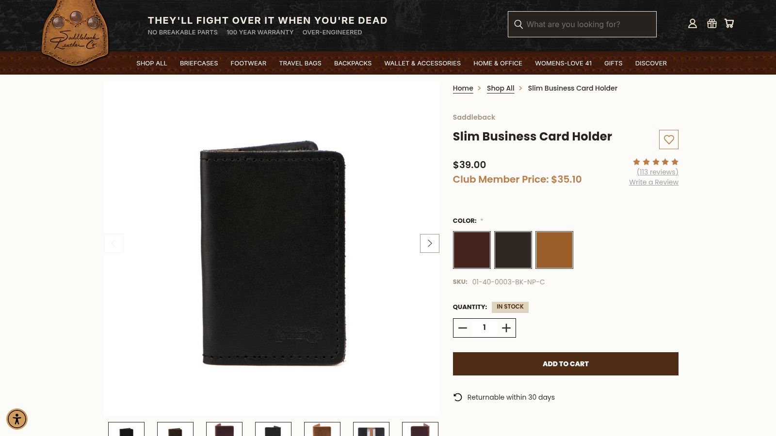 Saddleback Leather Slim Business Card Holder