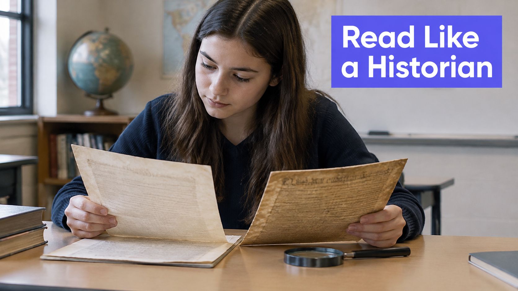 A teenage girl in a classroom sitting at a desk studying historical documents with a magnifying glass.