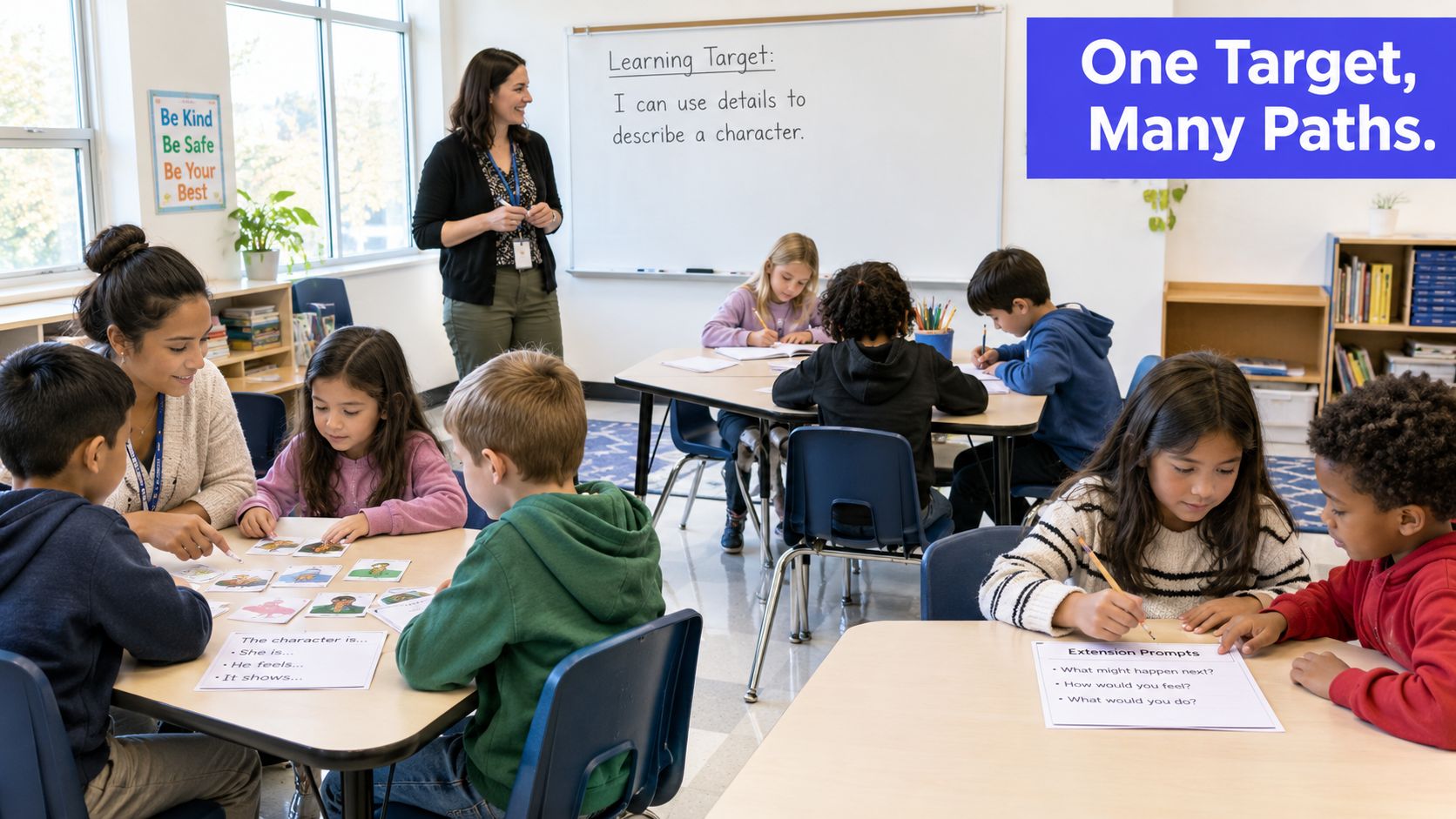 A teacher facilitates a small group lesson in a classroom, helping students learn about character description.