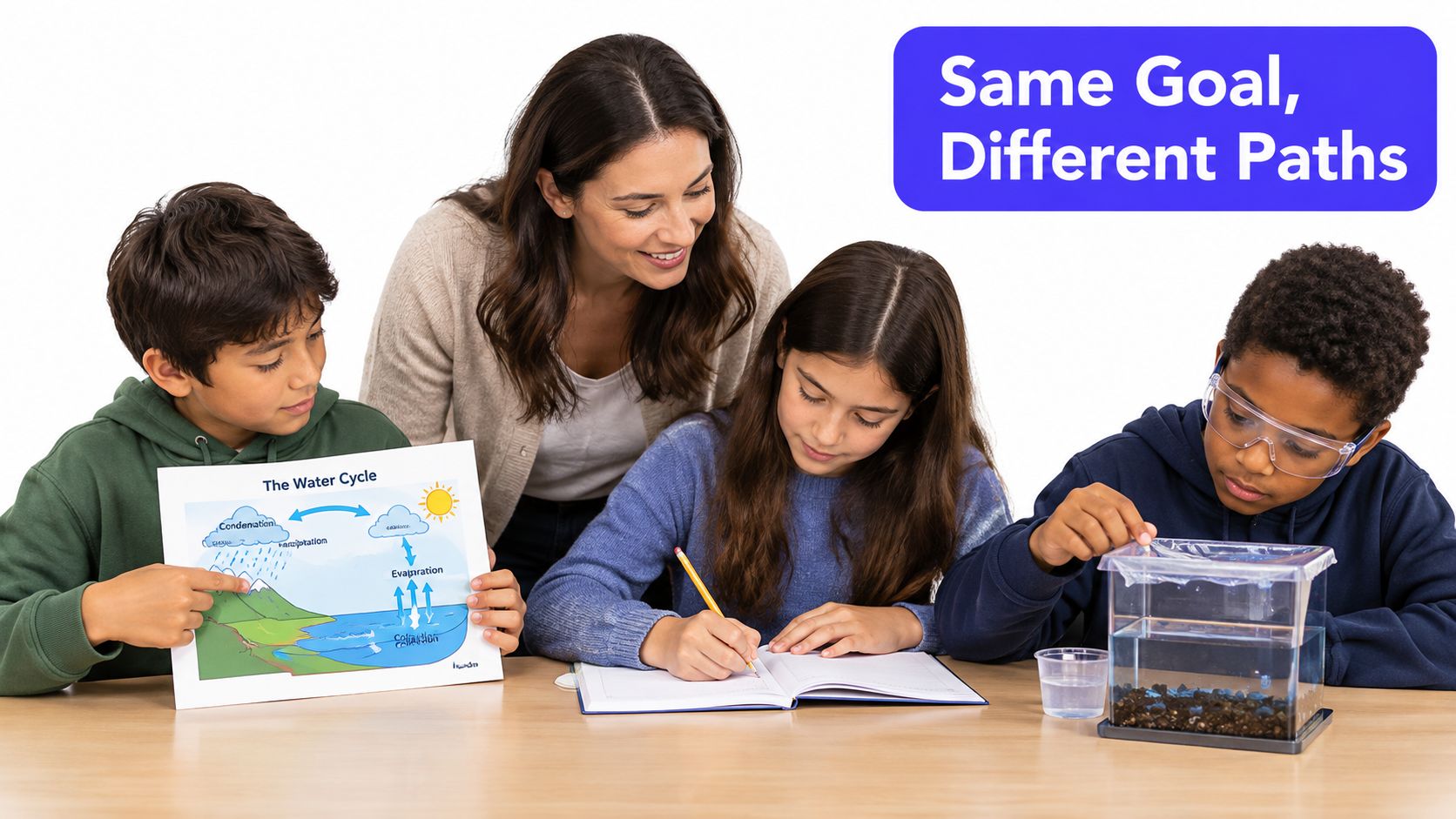 A teacher guides two students using different learning methods to understand the water cycle concept.