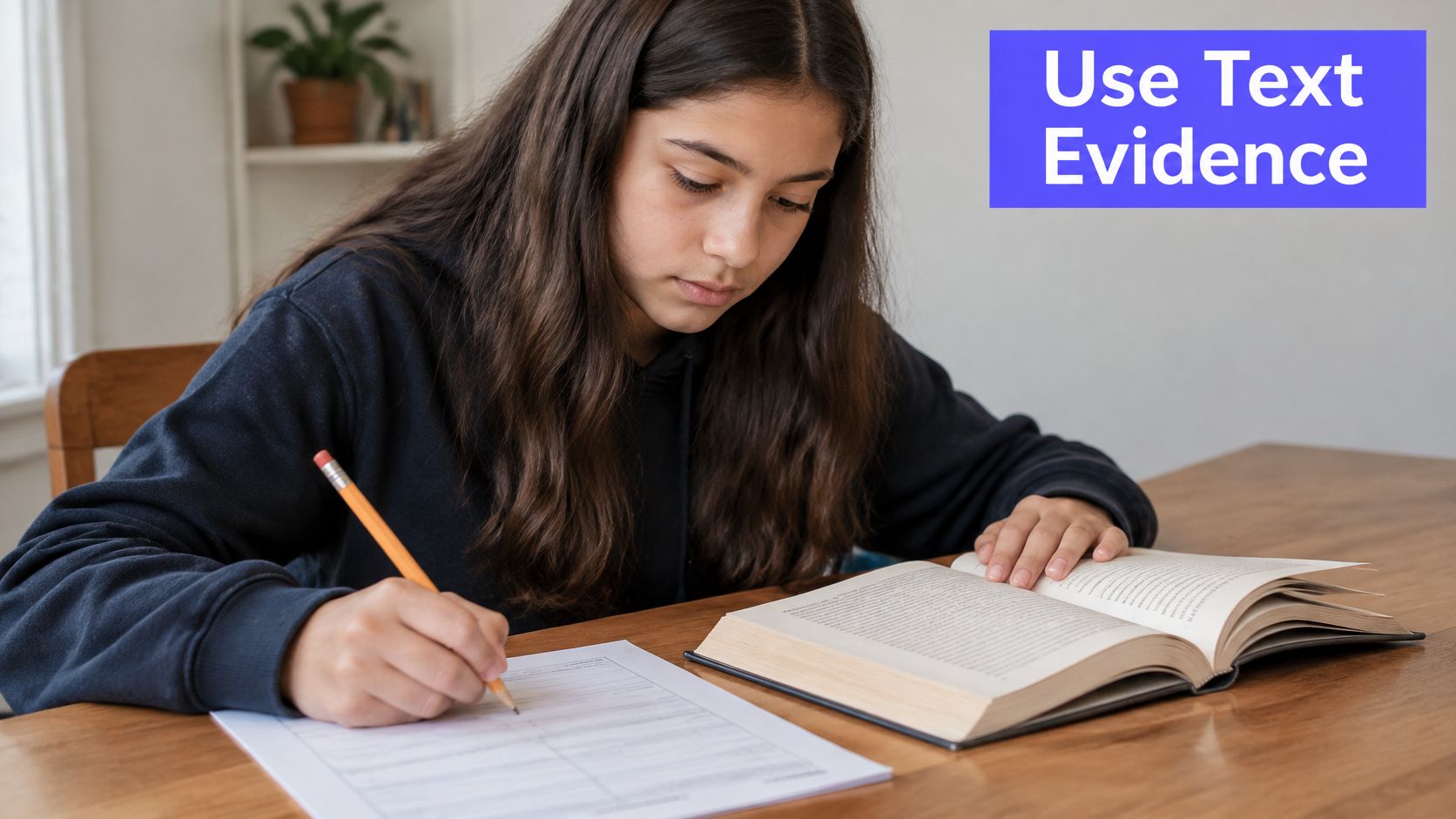 A young girl with long brown hair studying at a wooden table while reading a book.