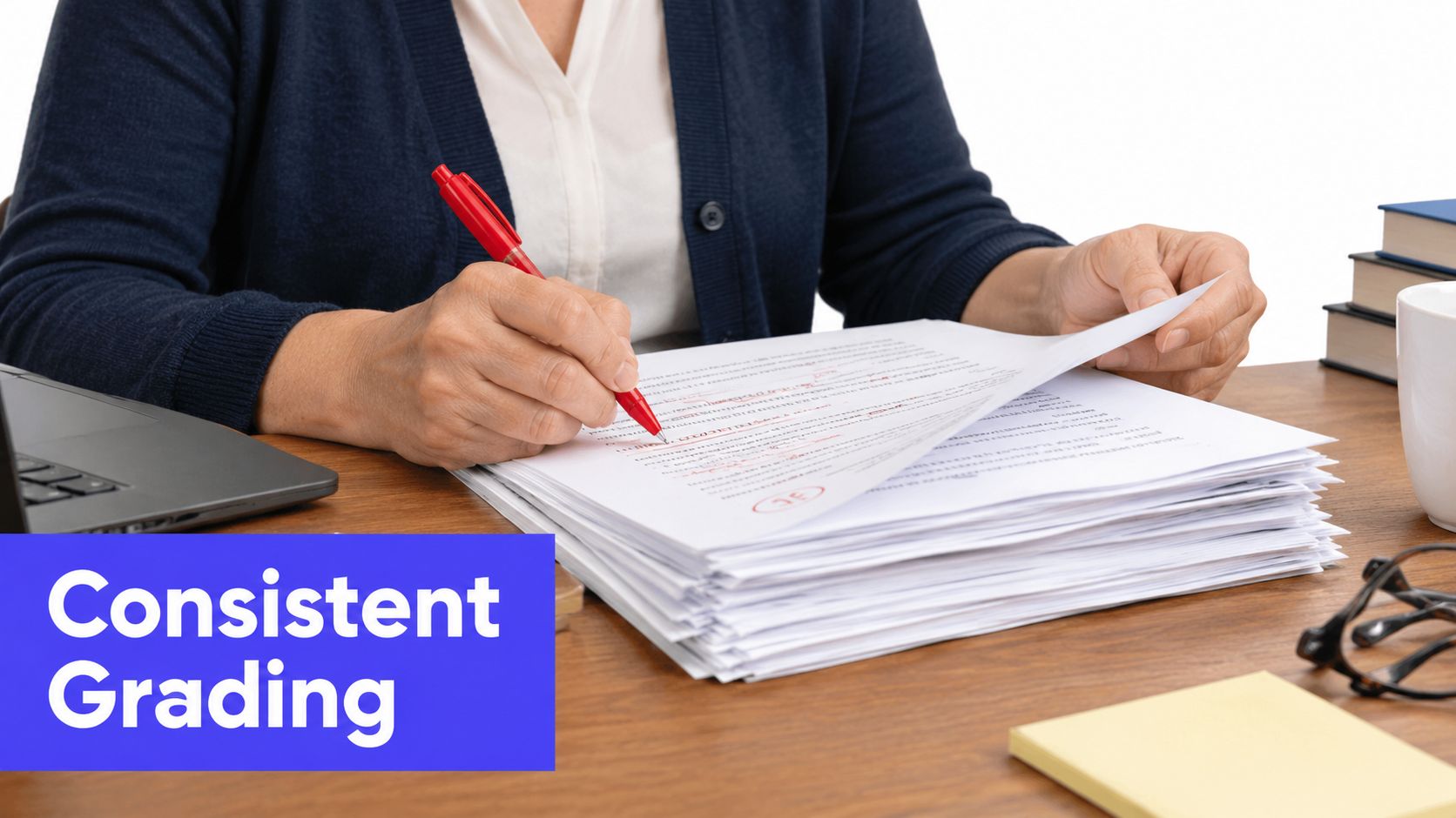 A teacher wearing a dark cardigan sits at a desk grading a large stack of student essays.