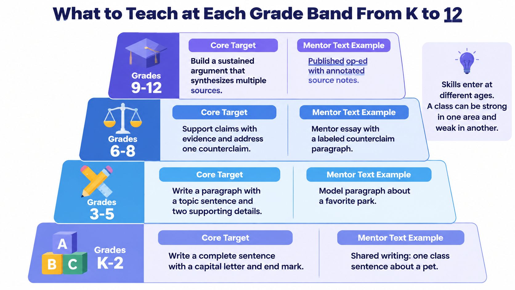 A hierarchy chart showing writing instructional goals and mentor text examples for grade levels from K through 12.