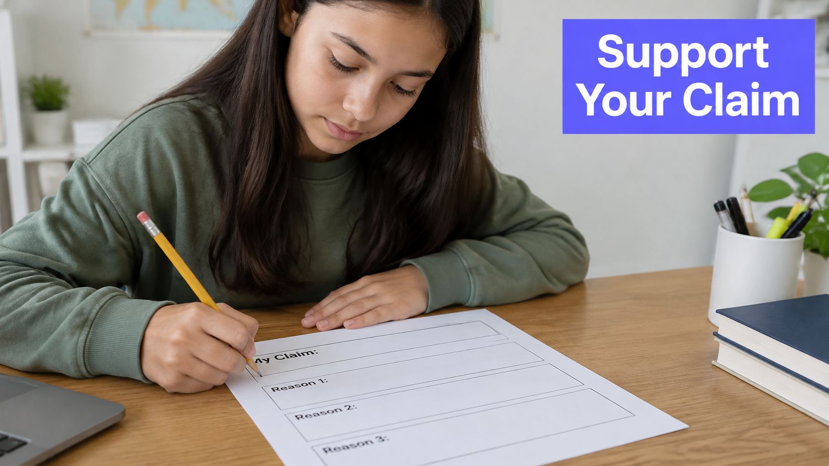 A young girl writing down her claim and supporting reasons on a worksheet at a desk.
