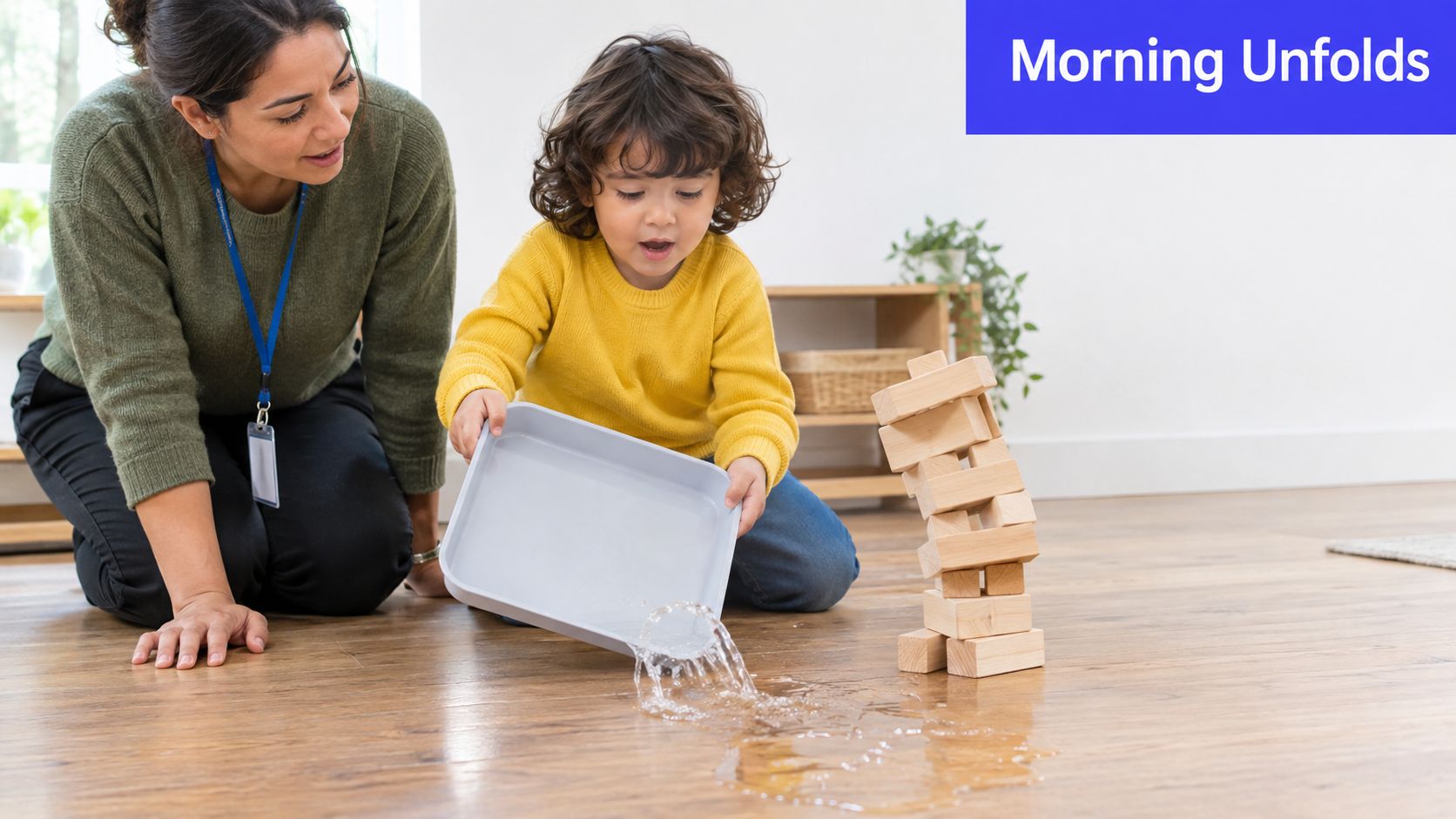 A teacher watches as a young child pours water from a tray onto a wooden block tower.