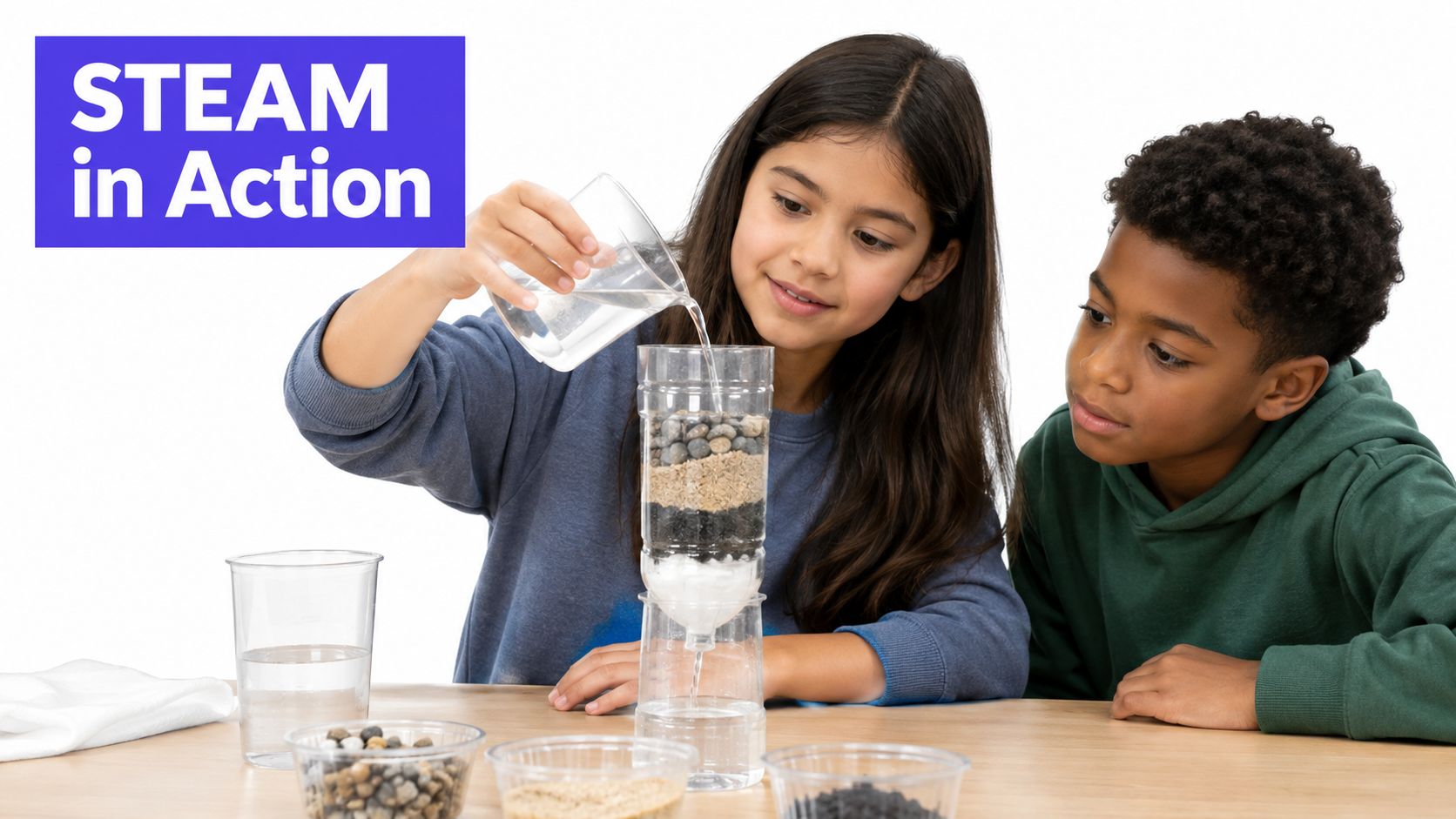 A girl and a boy working together on a science experiment involving a homemade water filtration system.