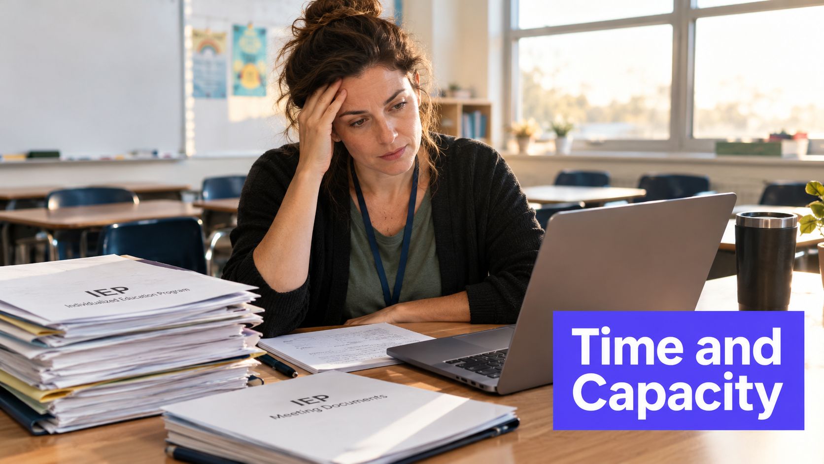 A stressed teacher sitting at a desk surrounded by stacks of IEP paperwork and a laptop.