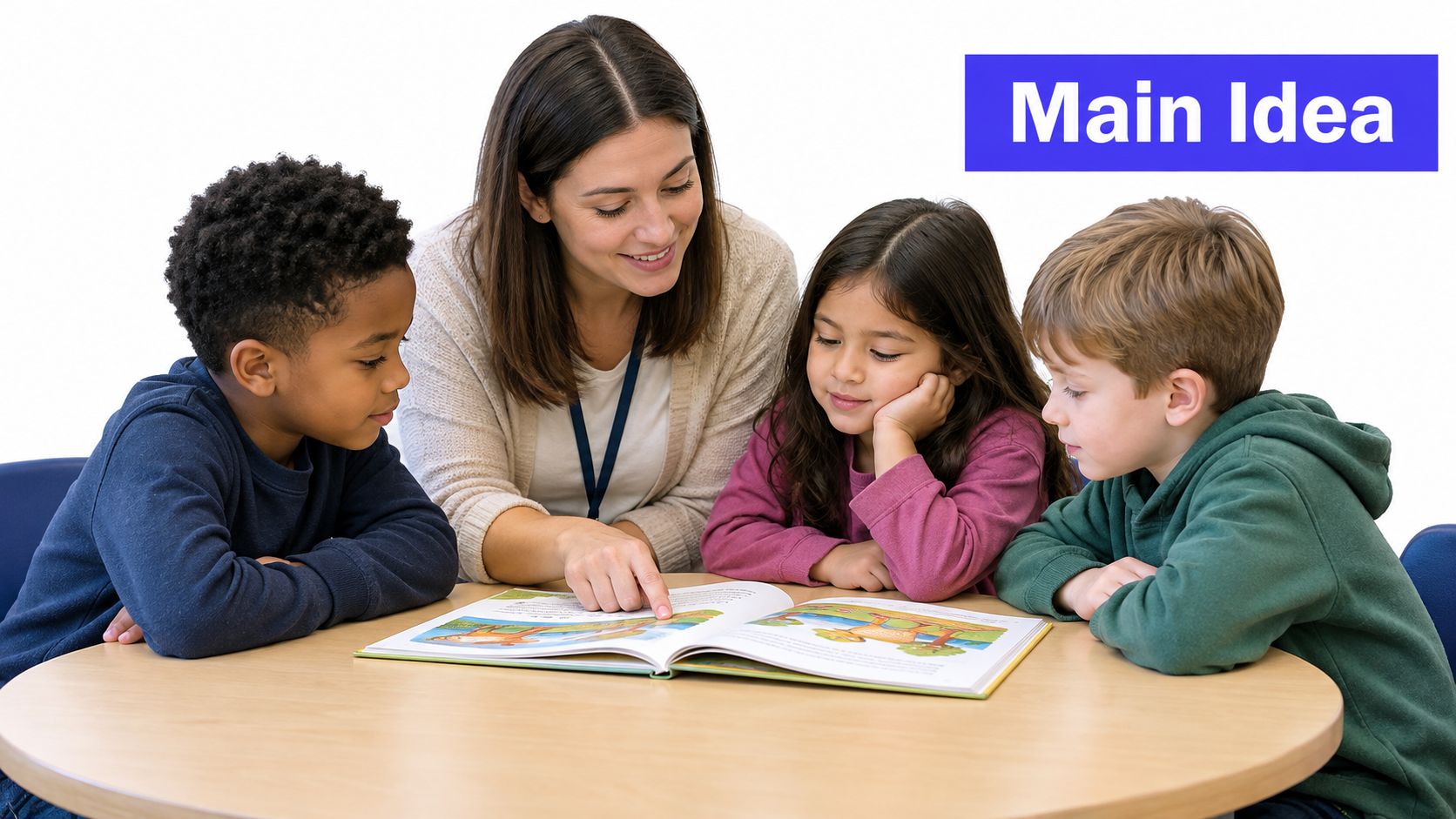 A female teacher reads an illustrated storybook to three diverse young children at a round table.